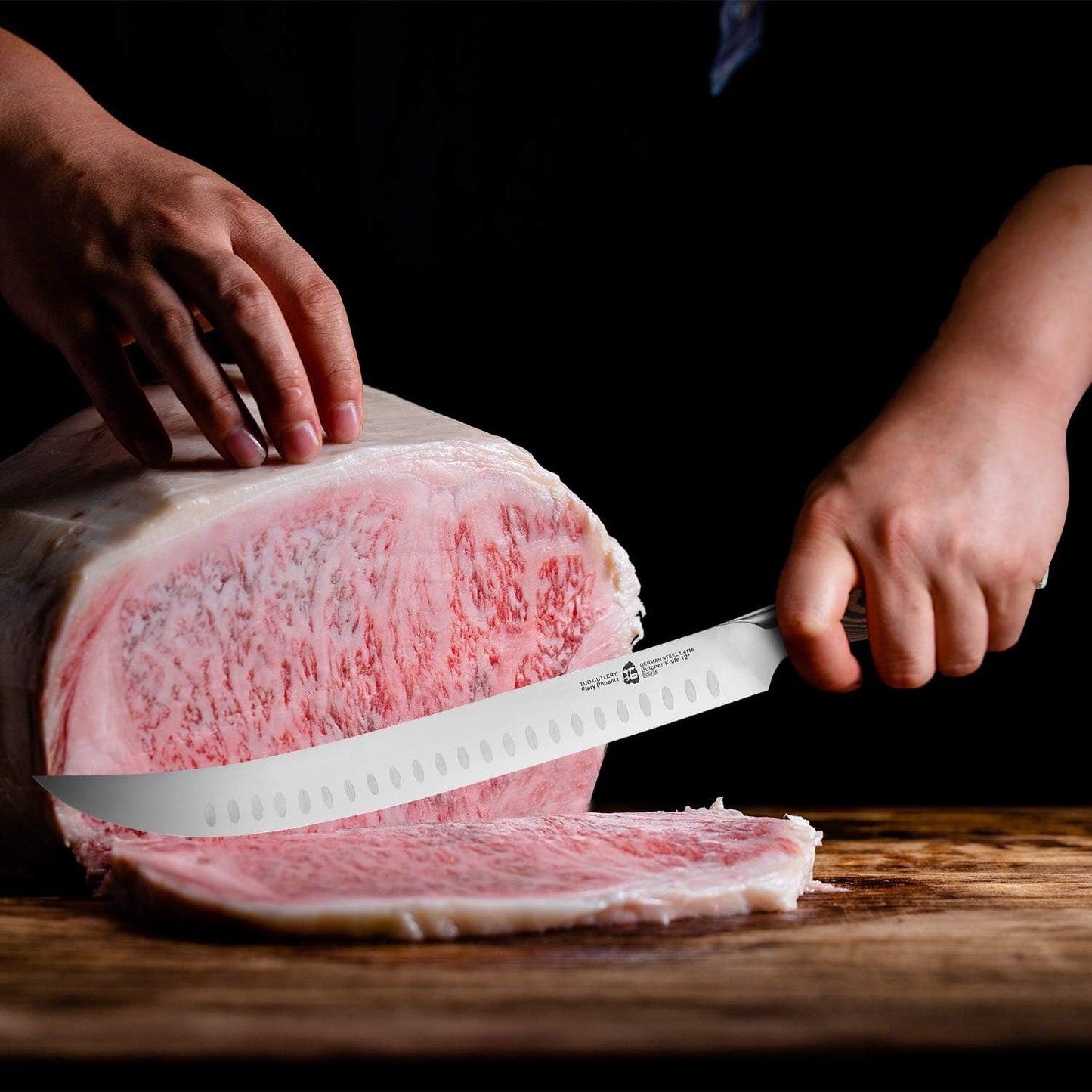 TUO Butcher Knife - 12 Inch Breaking Butcher s Knives Curved Granton Edge Carver Slicing Knife Long Meat Veggies Cleaver - German HC Steel Comfortable Pakkawood Handle - Fiery Series Gift Box Included
