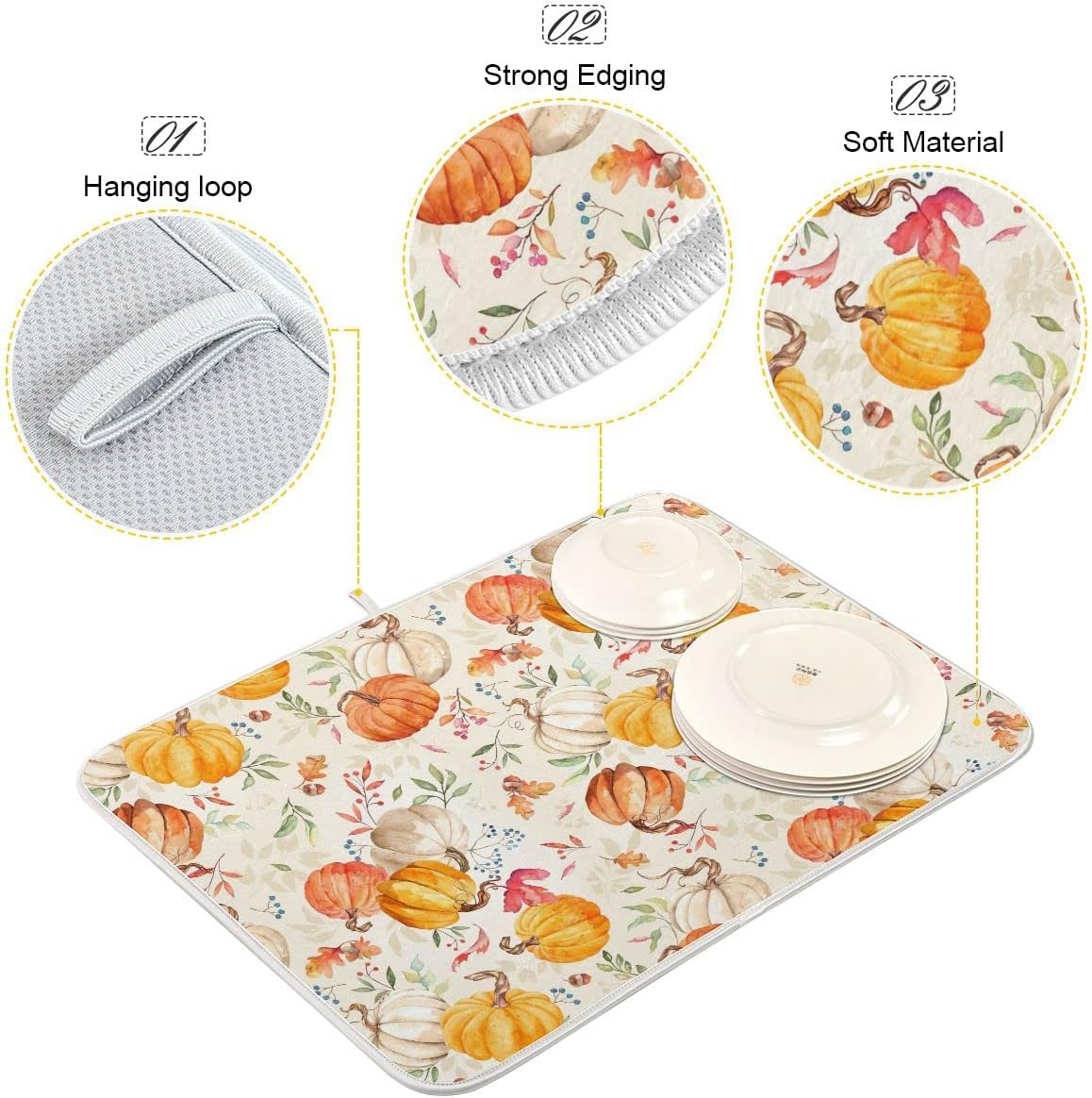 Autumn Fall Dish Drying Mat for Kitchen Counter Watercolor Pumpkin Maple Leaf Drying Mat 18 x 24 Inch with Absorbent Reversible Microfiber Dish Drying Pad Dish Rack Drainer Mats for Coffee Bar