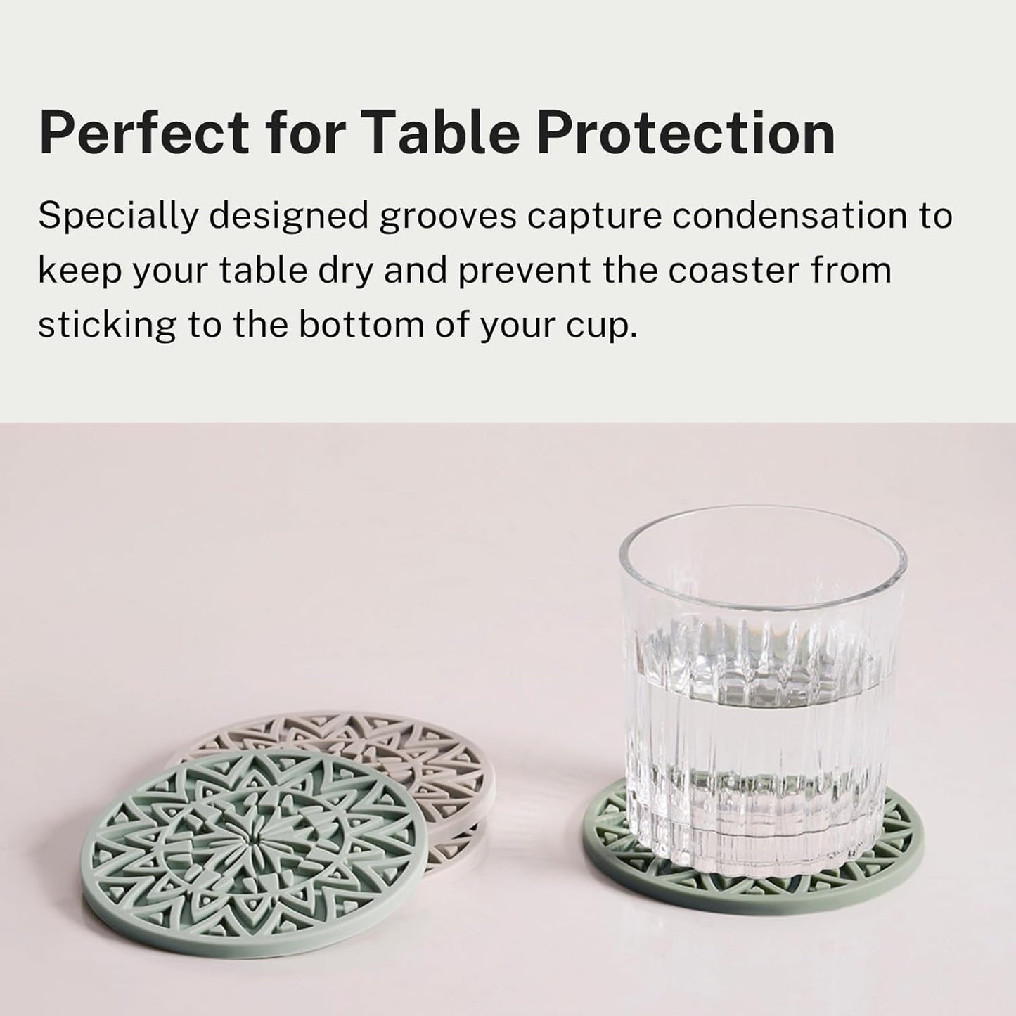 Set of 6 Light Taupe Silicone Coasters with Holder, Drink Coasters with Tribal Pattern Shape- for Table Protection, Anti Slip, Nonstick, Heat Resistant, Deep Tray