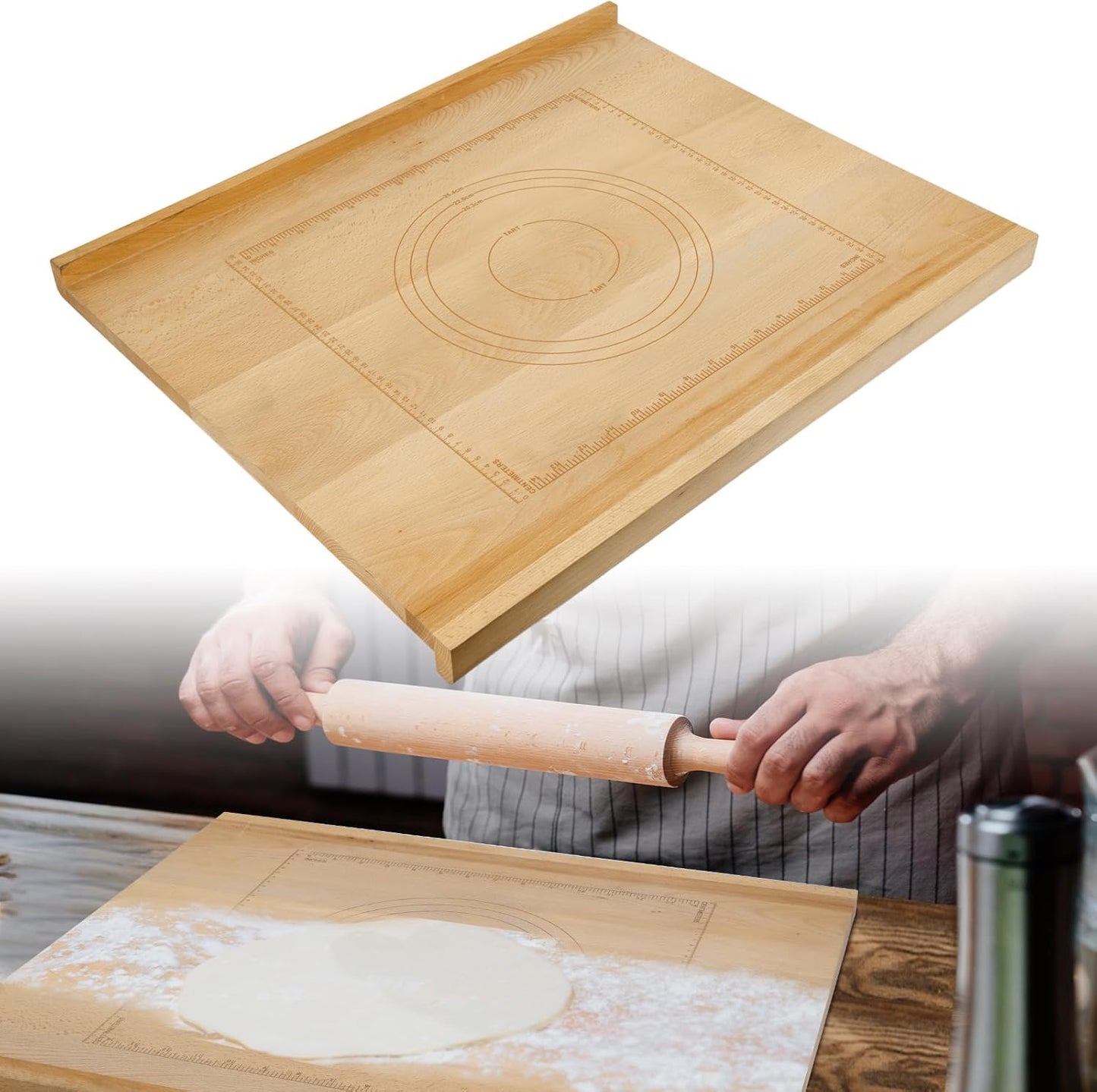 Reversible Wood Pastry Board, 20"X24"Kneading Board, Pastry Board for Rolling Dough, Pastry Board With Edge Blocking, Pasta Board Wood with Engraved Ruler for Counter Top Kitchen