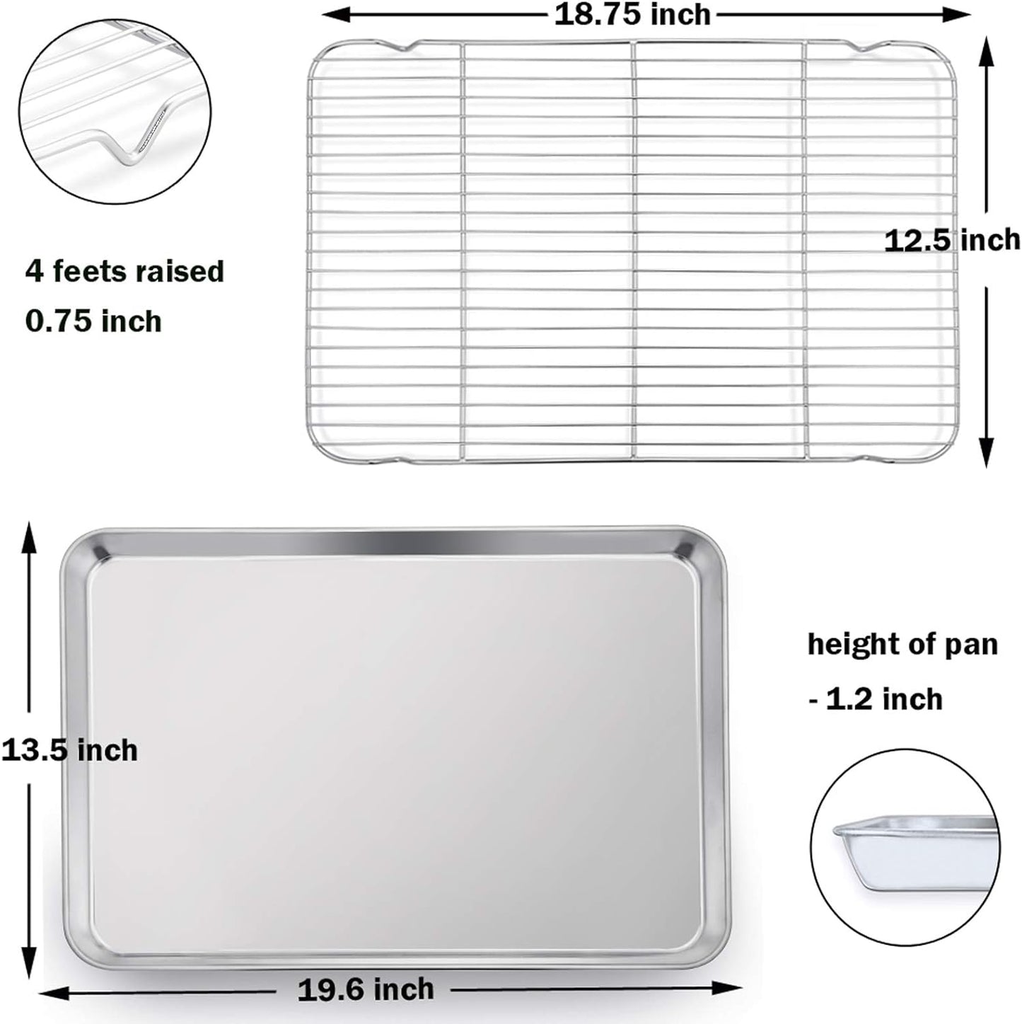 P&P CHEF 19.6 Inch Stainless Steel Baking Sheet with Rack Set (2 Pans+ 2 Racks), Cookie Sheets Baking Trays and Cooling Wire Racks, Oven & Dishwasher Safe, Pans with Flat Racks