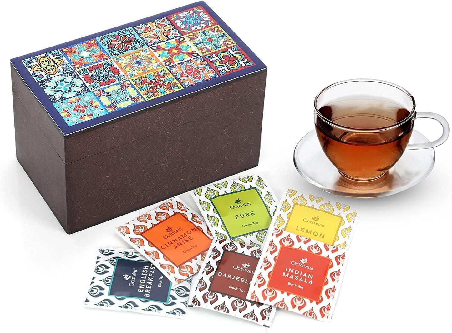Octavius | Tile Motif Wooden Caddy Tea Sampler Pack | Assortment of 3 Black & 3 Green Teas | 30 Enveloped Double Chamber Tea Bags | Tea Sampler Variety Pack | Perfect for Tea Lovers | Pack of 1