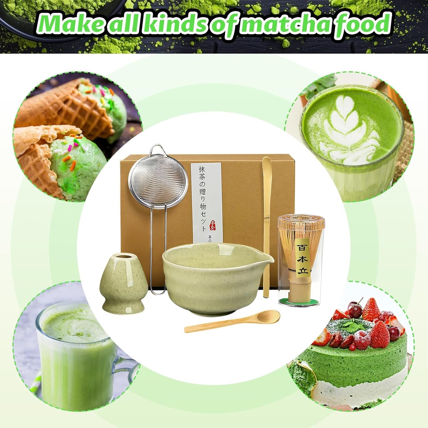 Matcha Set, 6 Pcs Matcha Whisk Set with 20 oz Bowl, Bamboo Whisk for Matcha Tea, Matcha Bowl, Ceramic Matcha whisk Holder, Stainless Sifter and Scoop - Gift for matcha kit Lovers（Green）