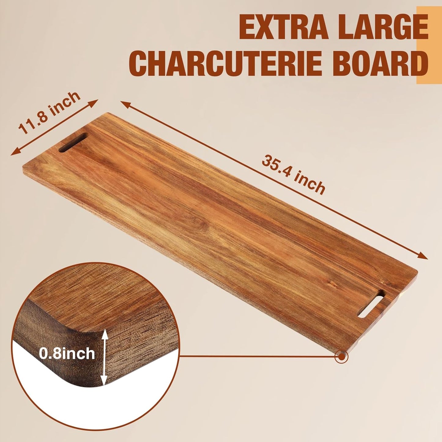 Skylety 4 Pieces 35.4" Acacia Wooden Cheese Serving Board with Handles Large Charcuterie Board Wooden Cutting Board for Appetizers Food, Cheese Board for Bread Meat Display Kitchen Decoration