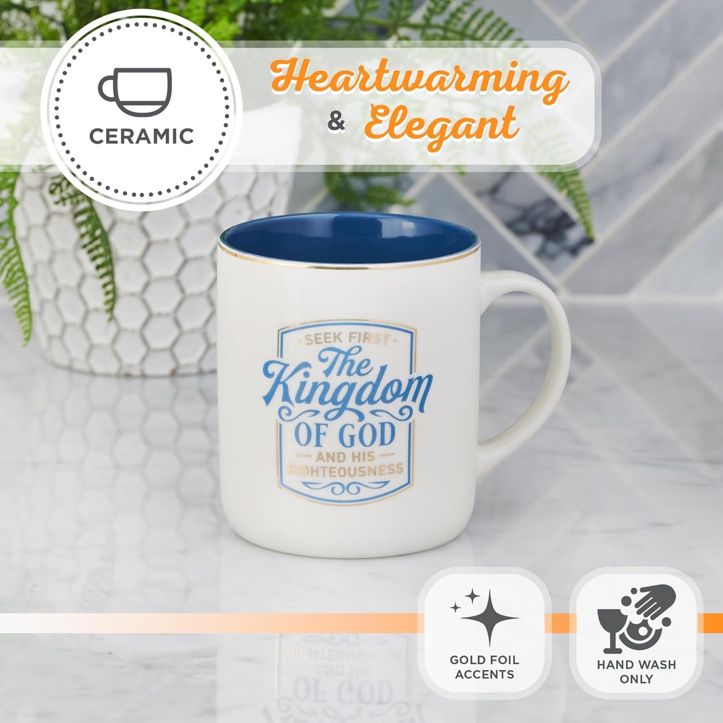 Christian Art Gifts Royal Blue Ceramic Coffee Mug – 14 oz. Lead and Cadmium-free, Non-toxic Inspirational Scripture Coffee and Tea Mug for Women with Bible Verse: The Kingdom of God – Matthew 6:33