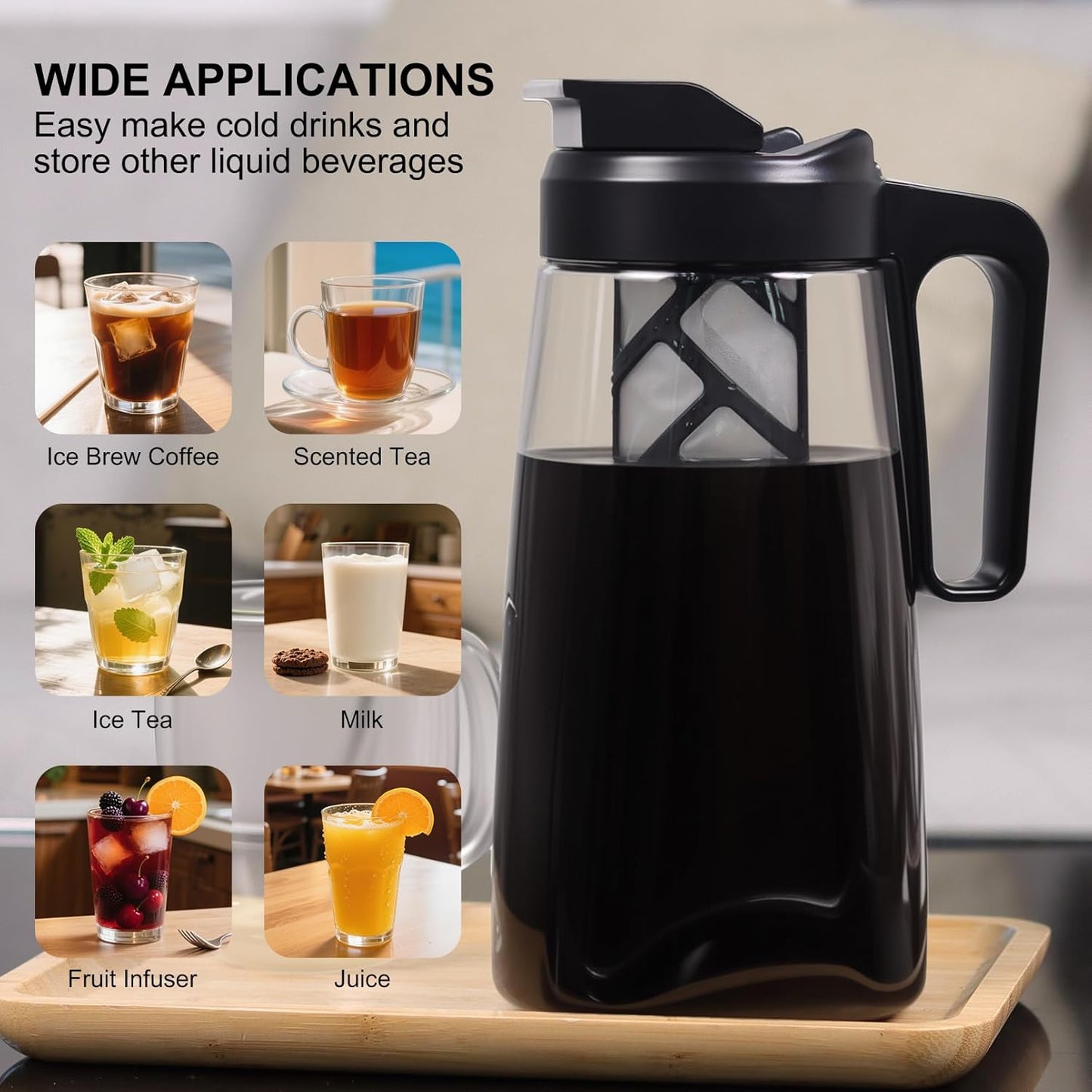 Sivaphe Large Ice Cold Coffee Maker 2 Quart, Dishwasher Safty Traitan Carafe Pitcher Leak Proof, Reusable Filter 64 oz Iced Hot Coffee Tea Method Brewer