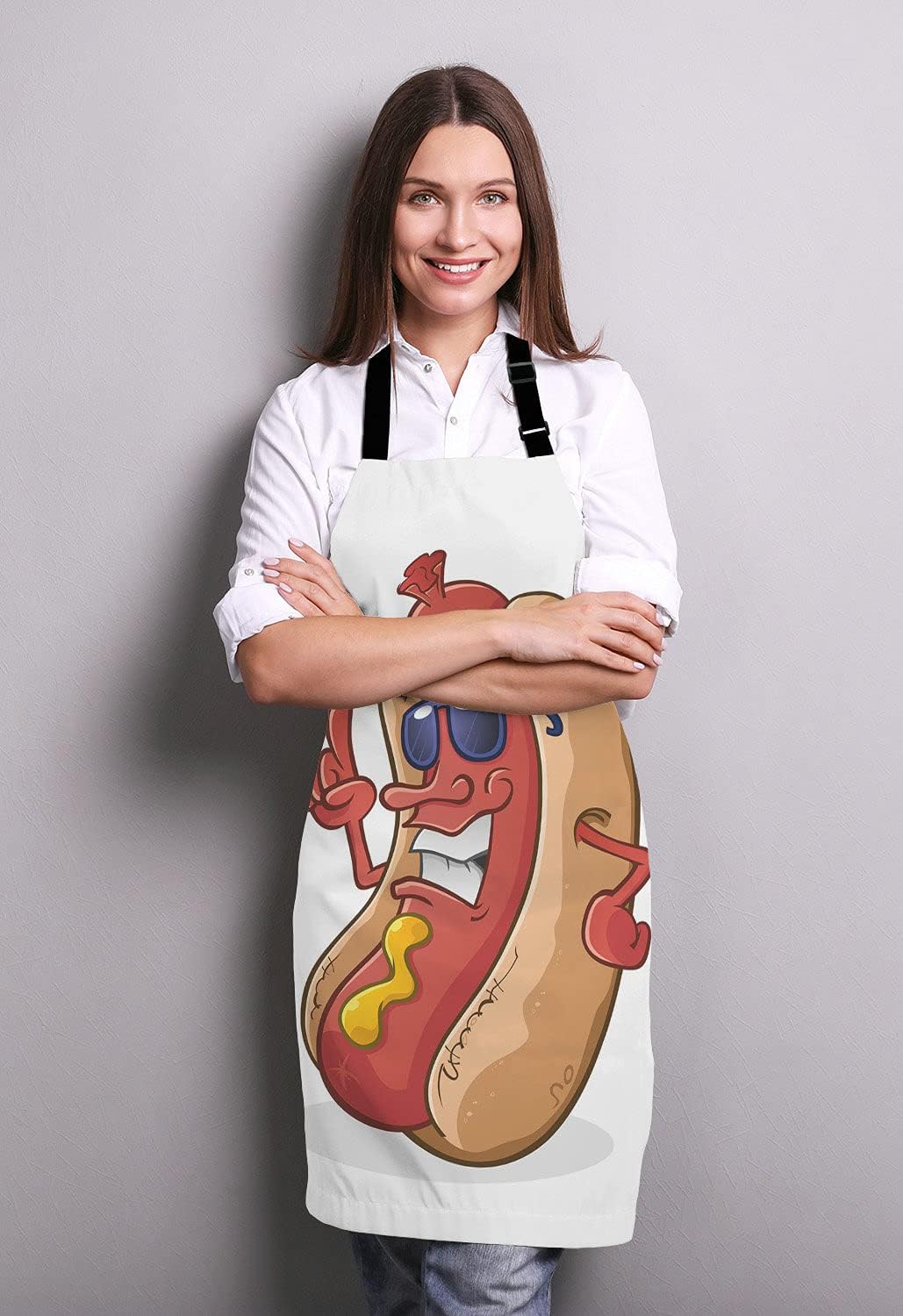 Hot Dog Cartoon Character Wearing Sunglasses Adjustable Bib Apron Kitchen Cooking Baking Gardening Apron for Women Men