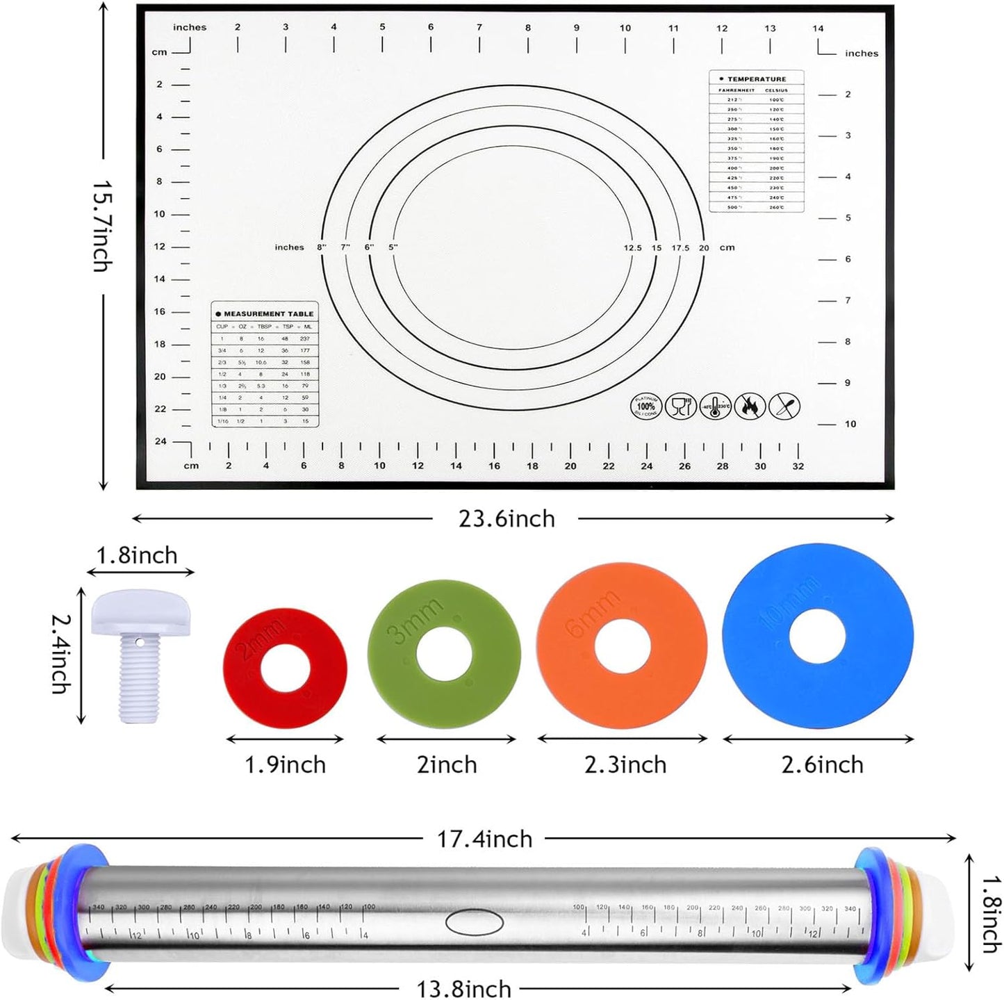 Adjustable Rolling Pin 20 Set and Silicone Baking Pastry Mat Set,Thickness Rings,Dough Roller & Steel Cutter& 6 Cookie Molds & 10 Cake Molds for Baking Dough Stainless Steel Dough Roller, Pizza, Pie