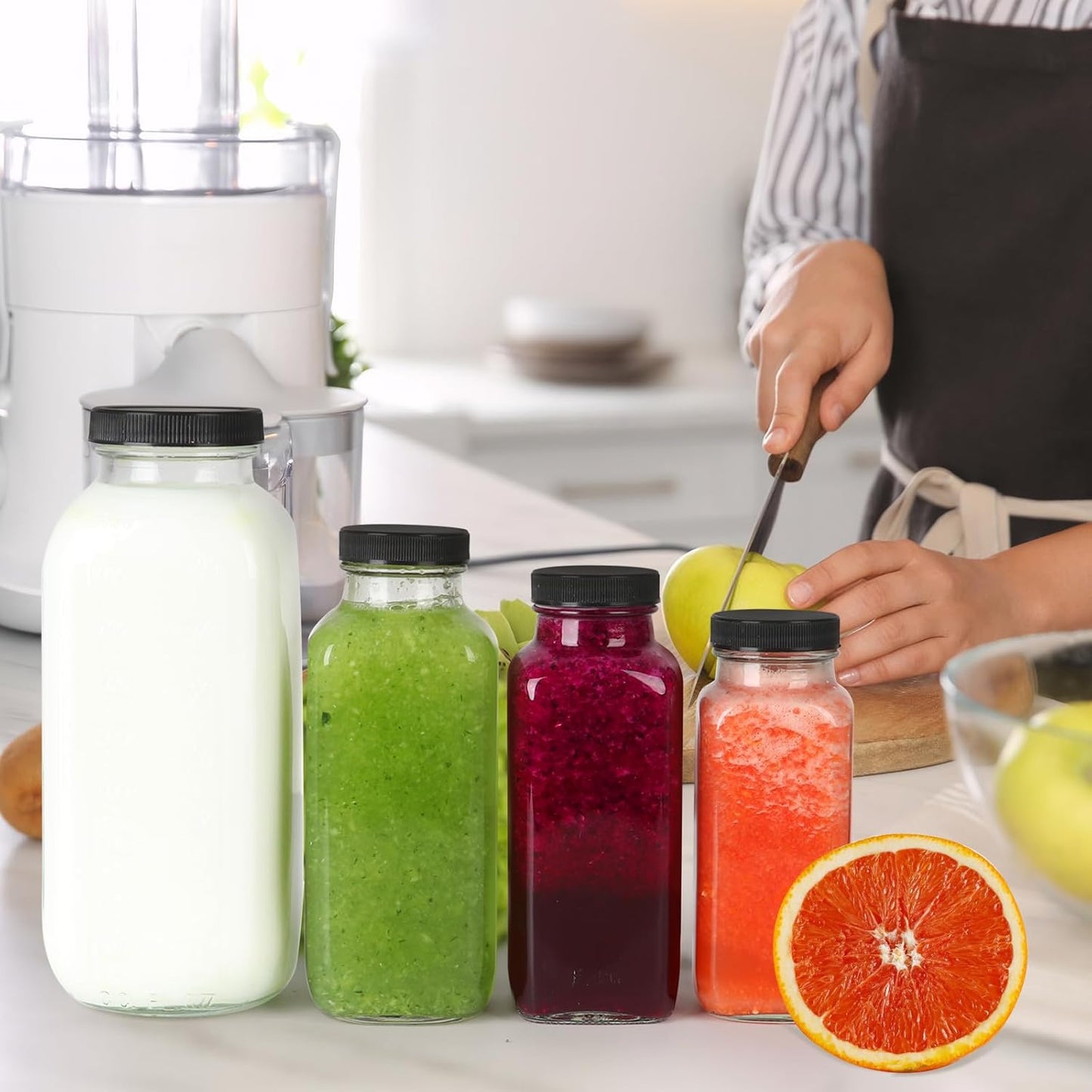 8 oz Glass Juice Bottles with Lids 3 Pack,Reusable Glass Drink Bottles,250ml Water Drinking Jars for Milk,Juicing,Kombucha,Ginger,Beverage Glassware,Juice Drinking Jars