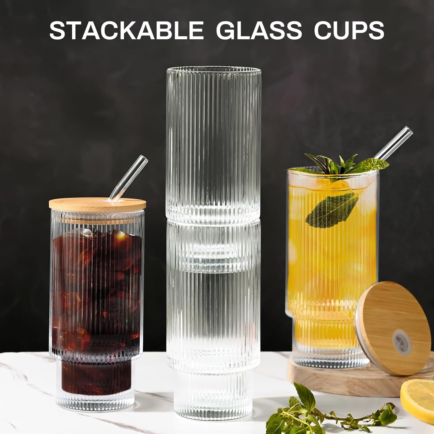 16OZ Ribbed Glass Cups with Lids and Straws,Iced Coffee Cups with Bamboo Lid,Vintage Glassware for Whiskey Cocktail Beer Fruit Juice Glasses Tumbler(4 Pack)