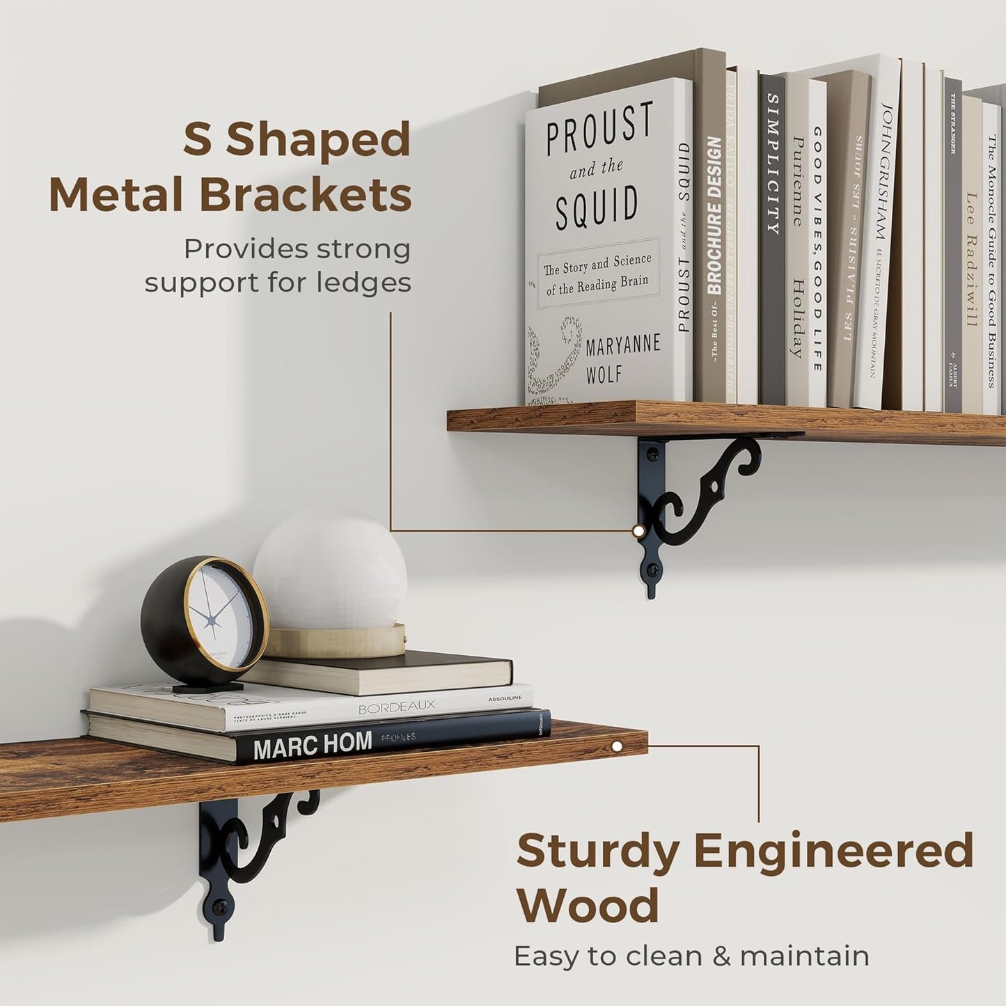 RICHFOCUS Floating Shelves for Wall Decor, 24Inch Wall Shelves Set of 2, 24W x 8D Floating Shelves Wall Mounted with Metal Brackets, Rustic Wood Shelves for Living Room Bedroom Kitchen, Rustic Brown