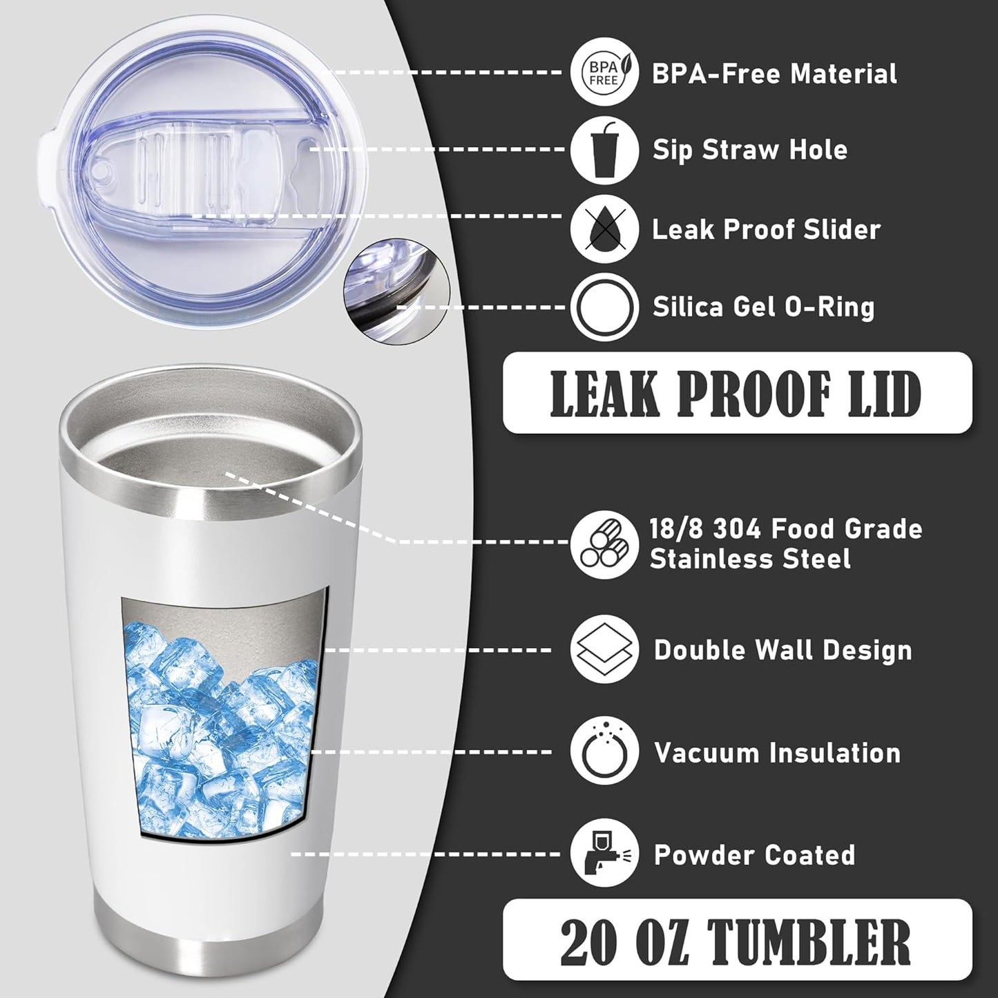 20 oz Tumbler Coffee Tavel Tumblers Bulk with Lid Stainless Steel Double Wall Vacuum Insulated Mug Powder Coated Cups fit Car Cupholder for Hot and Cold - White, 1Pack