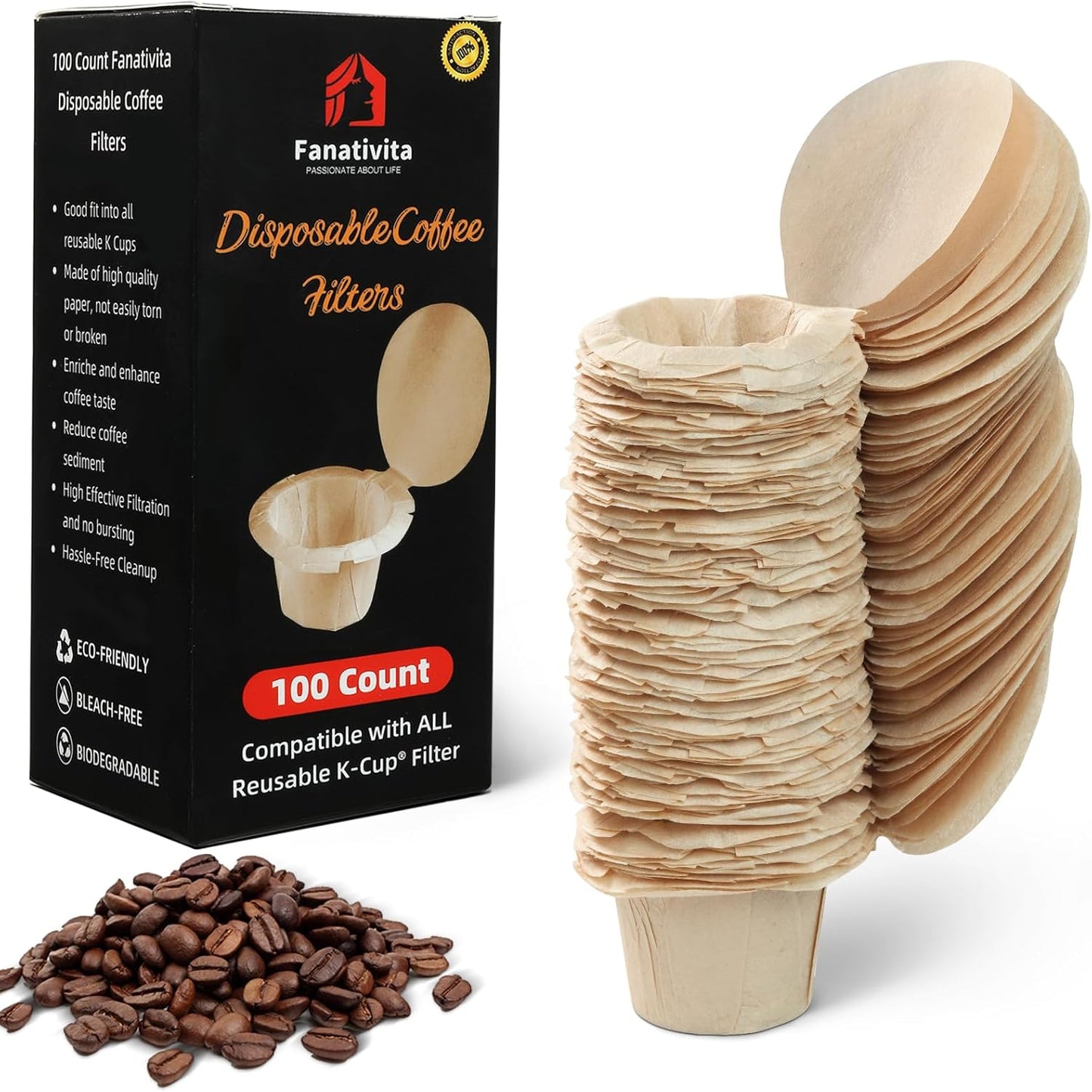 100 Count Fanativita K Cup Filters Disposable with Genius Lid Design, Fit All Reusable K Cups for Keurig (Unbleached)
