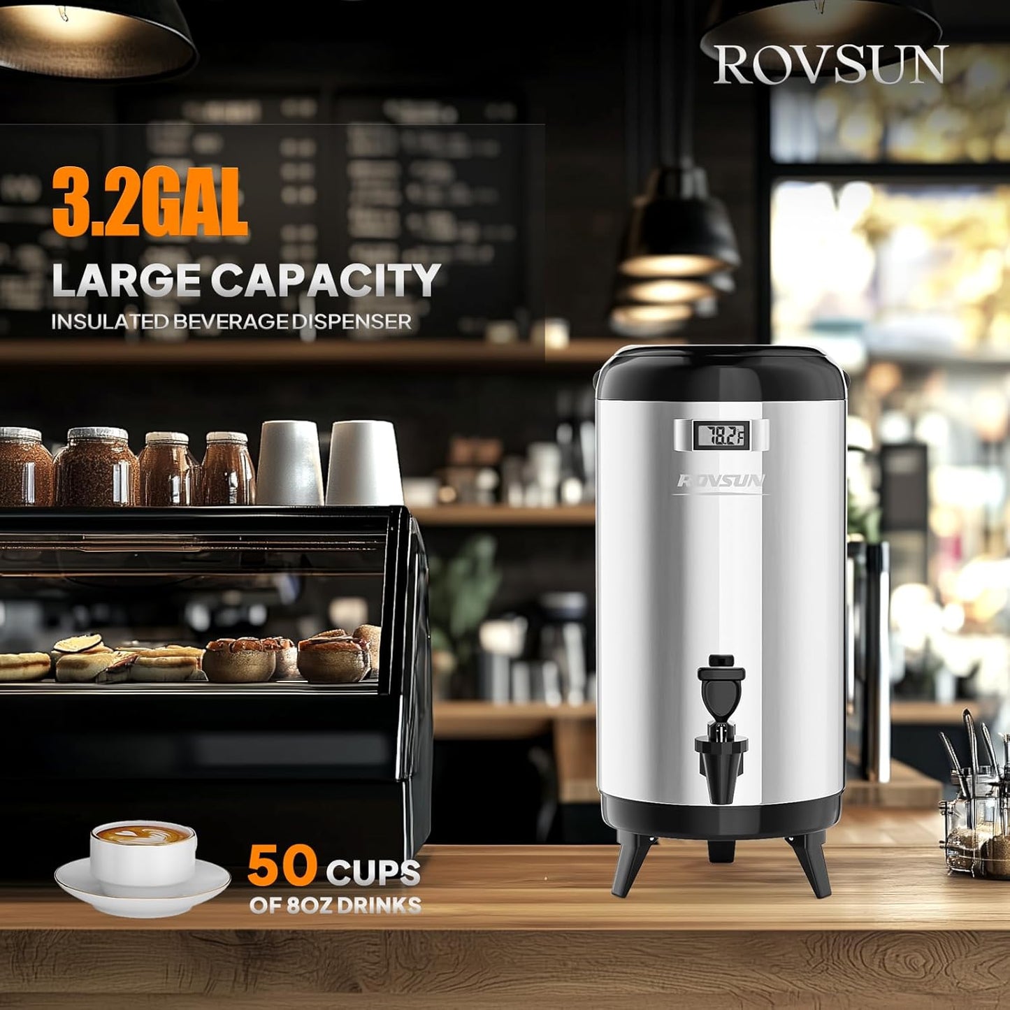ROVSUN 3.2 Gallon Insulated Beverage Dispenser, Stainless Steel Hot and Cold Drink Dispenser, Ice and Hot Drink Server w/Spigot, Hot and Cold Beverage Server for Coffee, Tea, Milk & Juice