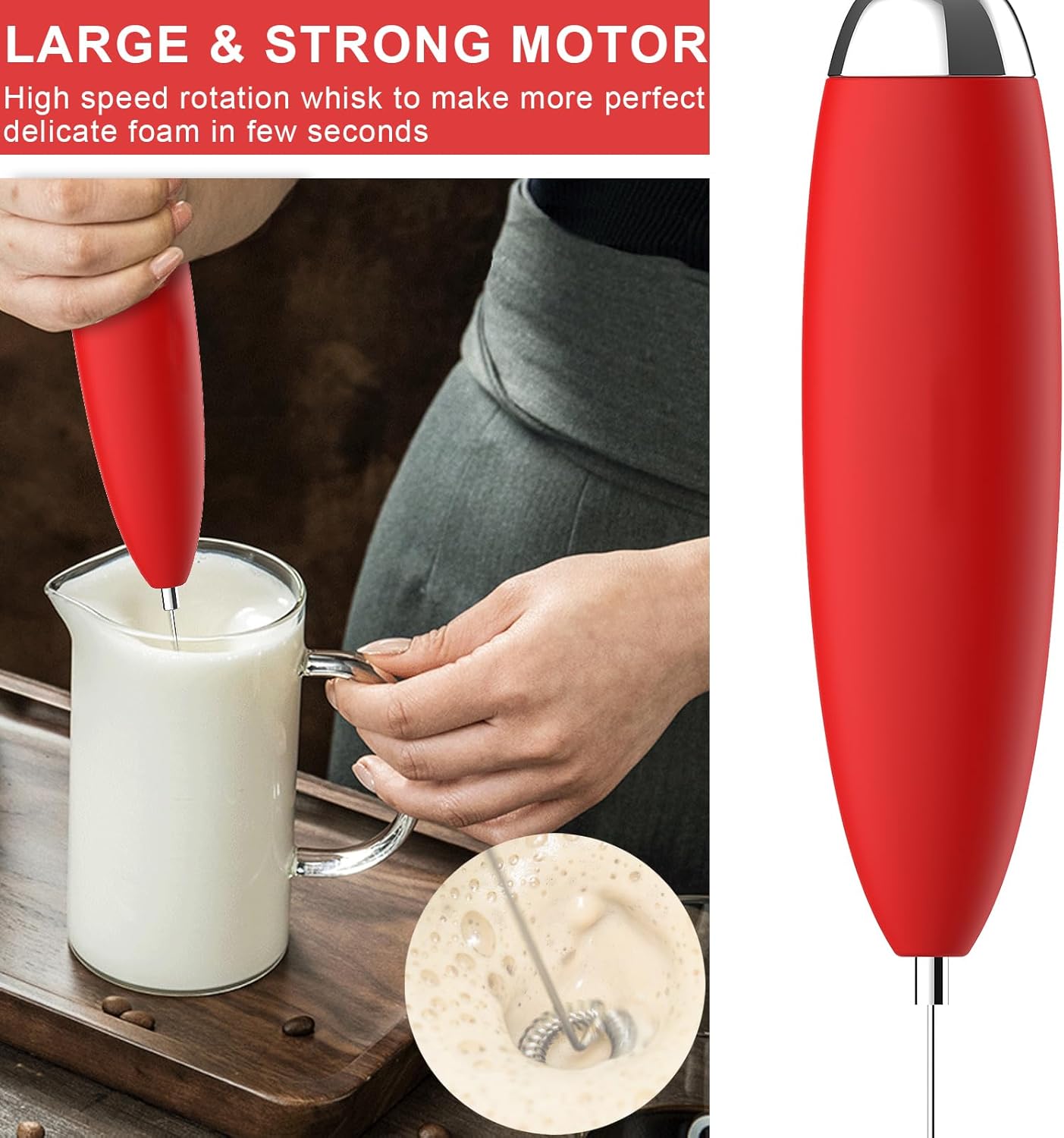 Electric Milk Frother Handheld For Coffee, Upgraded Motor Electric Whisk Durable Low Noise Mini Drink Mixer Portable Foam Maker For Cold Milk Bulletproof Coffee Latte Cappuccino Matcha in Kitchen, Red