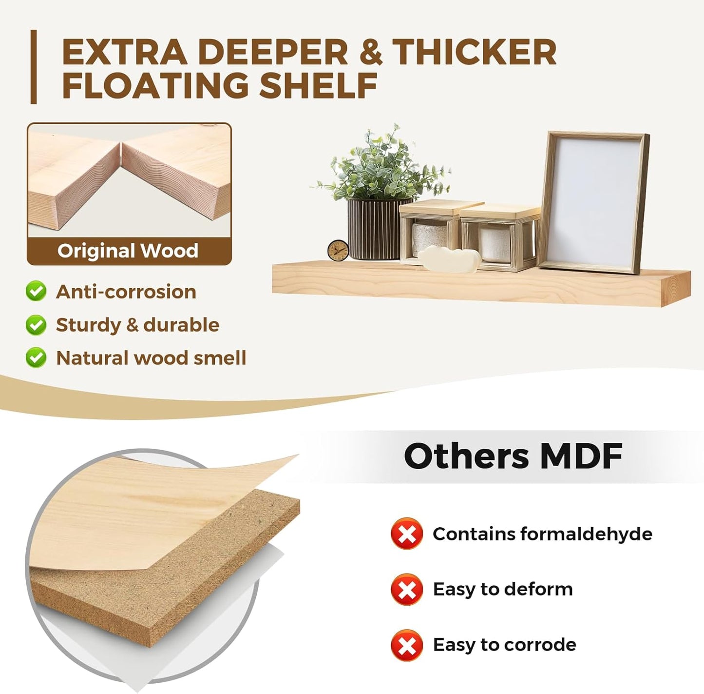 36x8x1.6 inch Floating Shelves Set of 2 – Solid Wood Rustic Wood Wall Mounted Shelf for Kitchen, Bathroom, Living Room