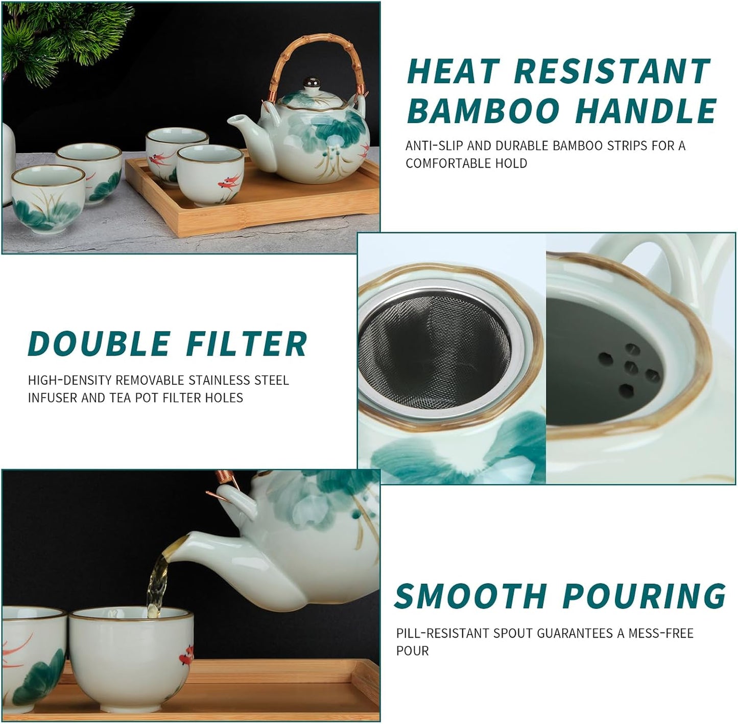 Japanese Tea Set Porcelain Tea Set with Teapot and Tea Cup Set for 4, Green and White Tea Sets for Adults with Stainless Infuser and Bamboo Tray, Asian Tea Set for Tea Lovers/Women/Men (Lotus)