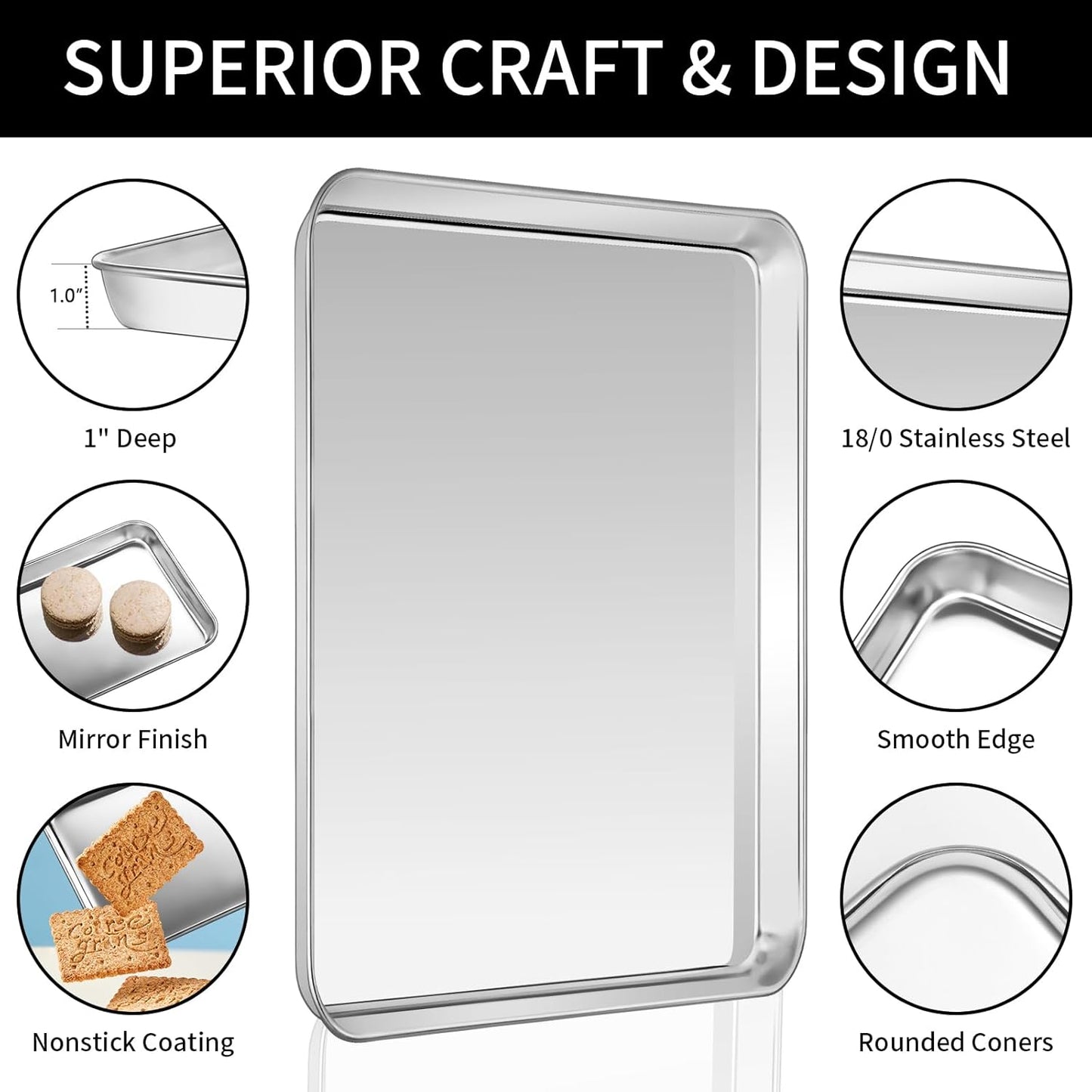 CEKEE Baking Sheet with Wire Rack Set of 6 (3 Cookie Sheets for baking + 3 Cooking Racks), Stainless Steel Stainless Steel Baking Pans Set with Cooling Rack - Heavy Duty & Dishwasher Safe