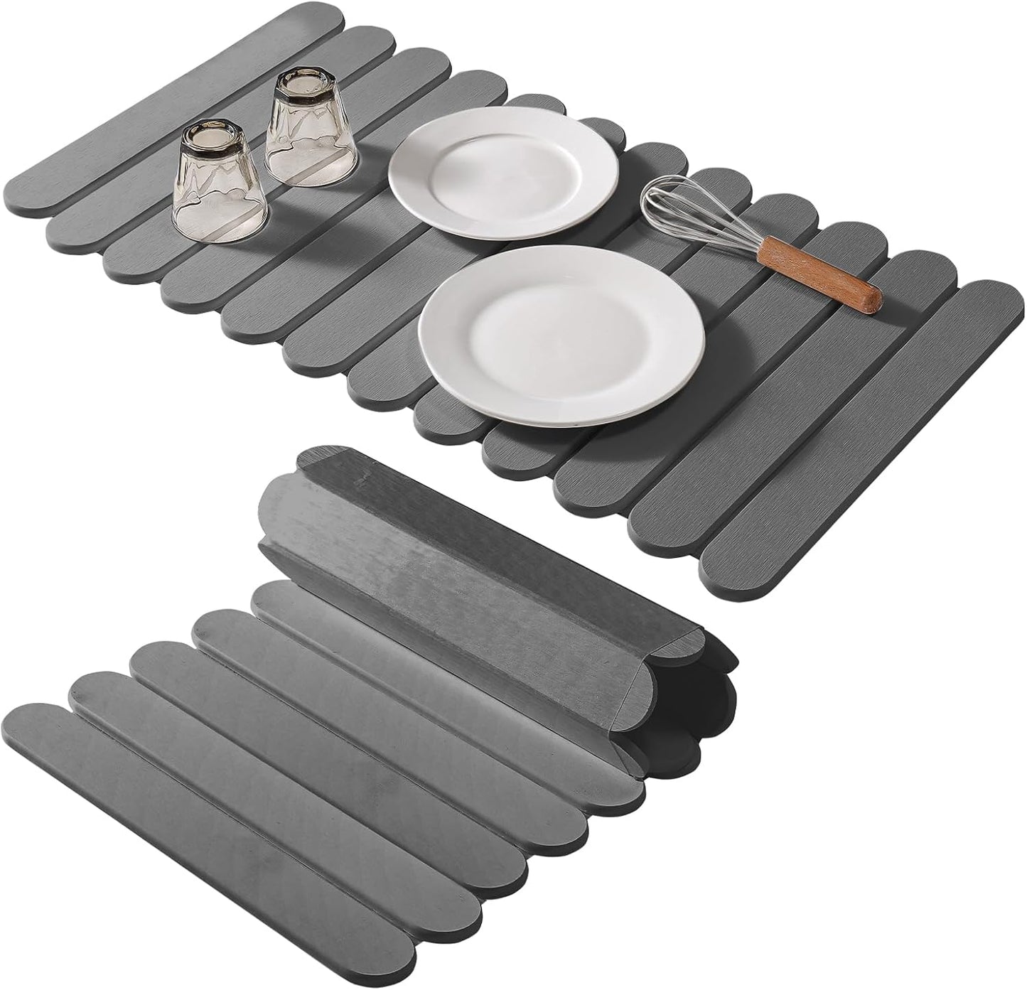 Extral Large Quick Dry Stone Drying Mat for Kitchen Counter,28"(L)x16"(W) Collapsible Eco-Friendly Absorbent Diatomaceous Earth Mat for Dishes Cups,Dish Drying Mats (Deep gray-Ellipse, 28x16 inch)