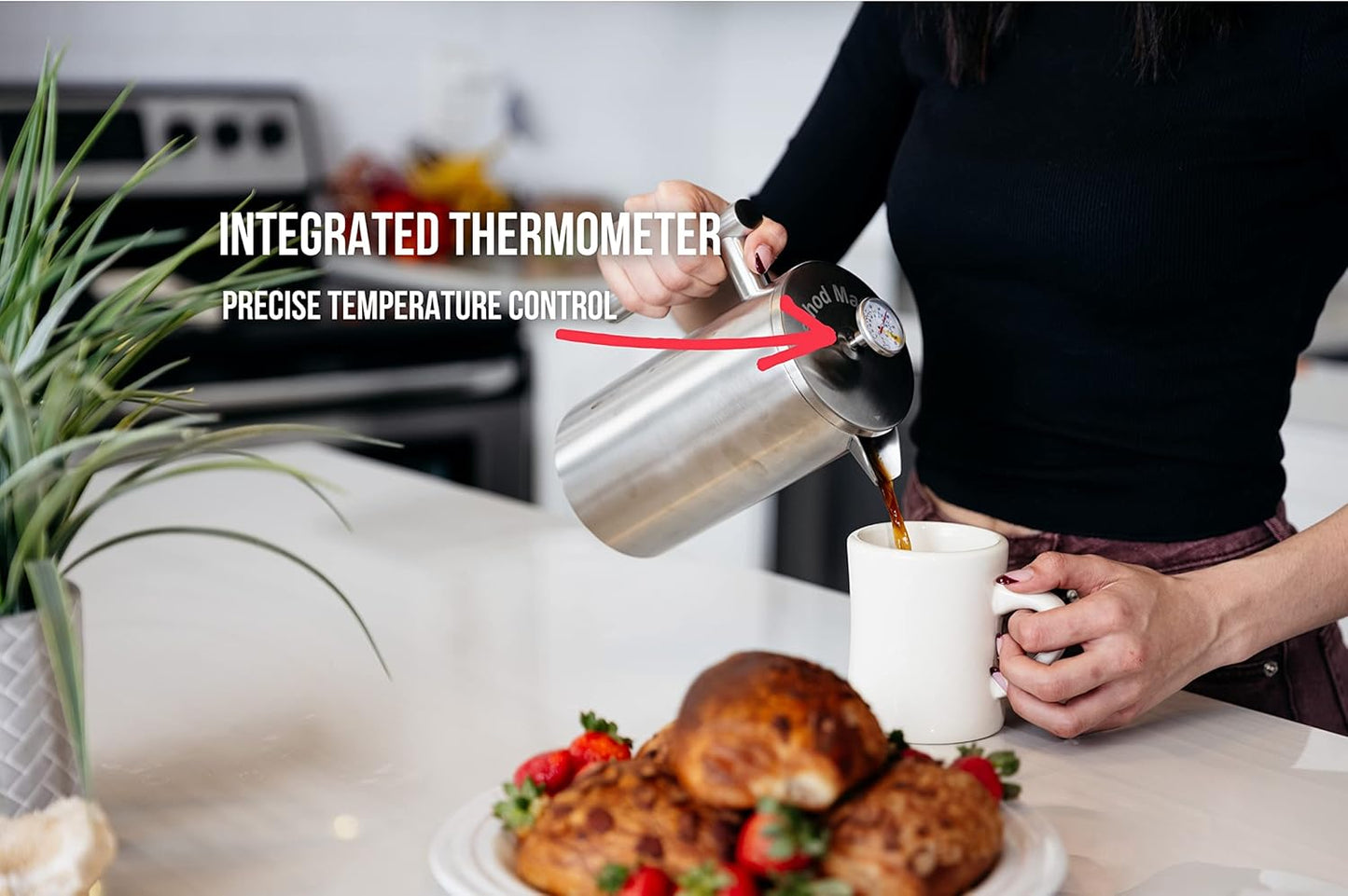 Barista Warrior French Press with Thermometer - Insulated Coffee Press - Stainless Steel Coffee Maker (1.0L, 34 fl oz, Silver)