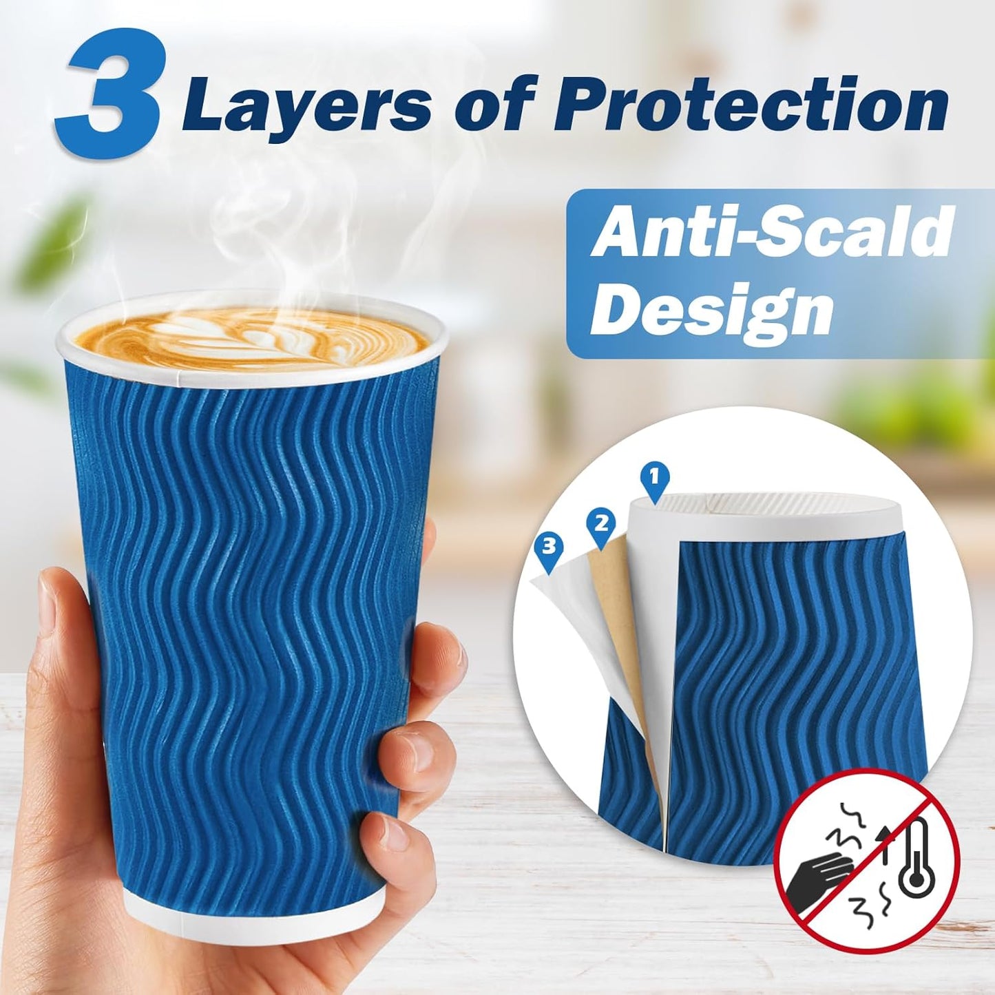80 Pack 16 oz Disposable Coffee Cups with Lids and Straws, Insulated Ripple Wall To Go Paper Coffee Cups for Coffee, Hot Chocolate and Hot Tea Drinks - Navy