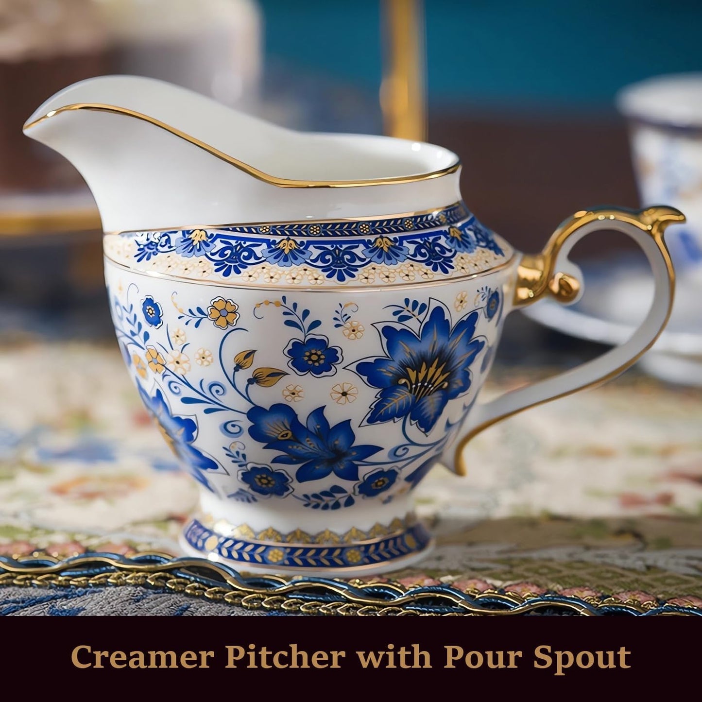 ACMLIFE Bone China Tea Set for 6, Blue and White Tea Set for Adults 24K Gold, Vintage Floral British English Cups and Saucers for Women Party or Gift Giving (Blue)