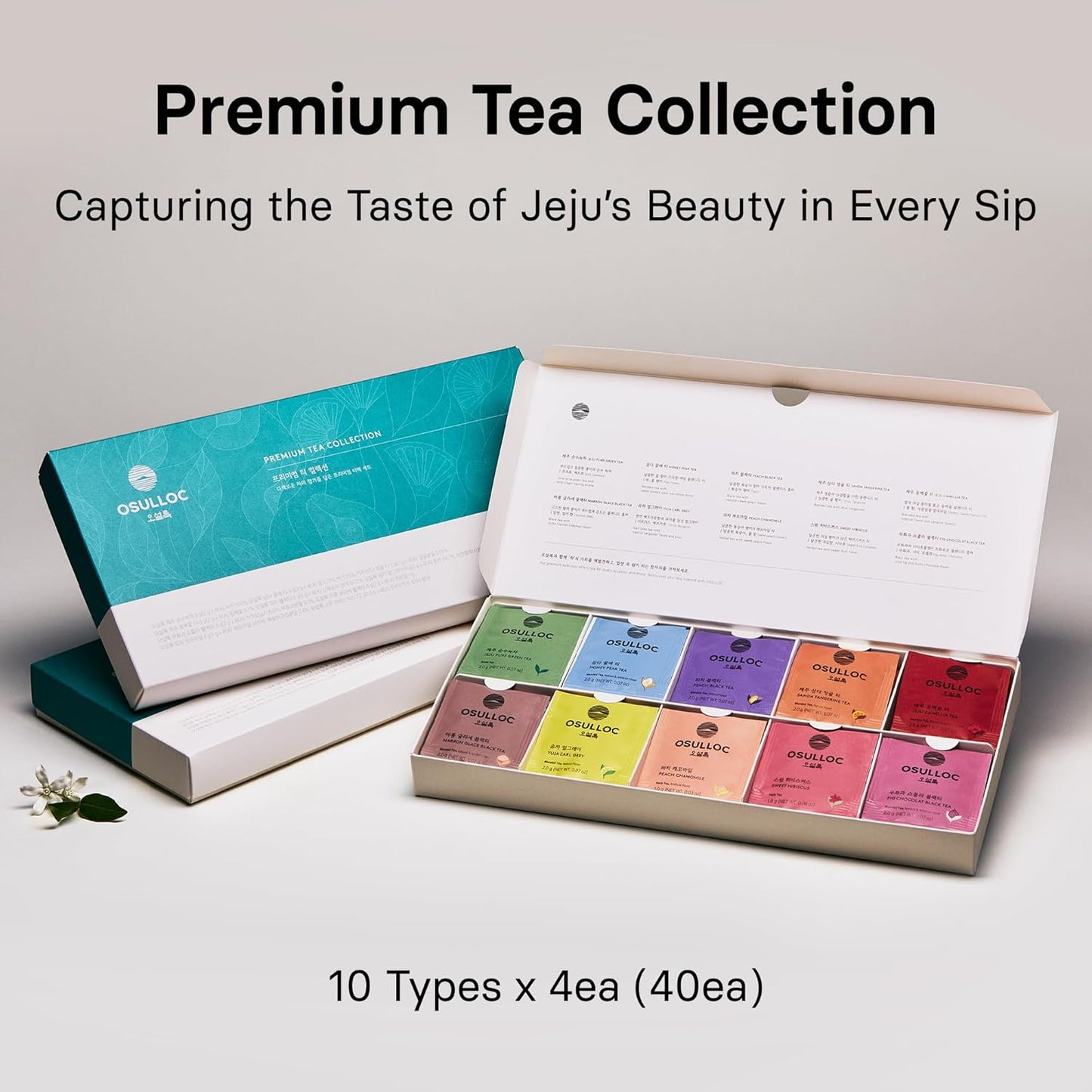 OSULLOC Premium Tea Collection (40 count, 10 flavors x 4 ea), Assorted Tea bag Sampler, Tea Gift sets for Tea lover, Self Care Gift Box, Premium Organic Pure & Blended Tea from Jeju