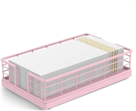 Wican Guest Towel Holder Tray for Bathroom, Oak and Iron Napkins Holder for Powder Room Dinning Table Wooden Basket for Disposable Paper Hand Towels Totally Pink