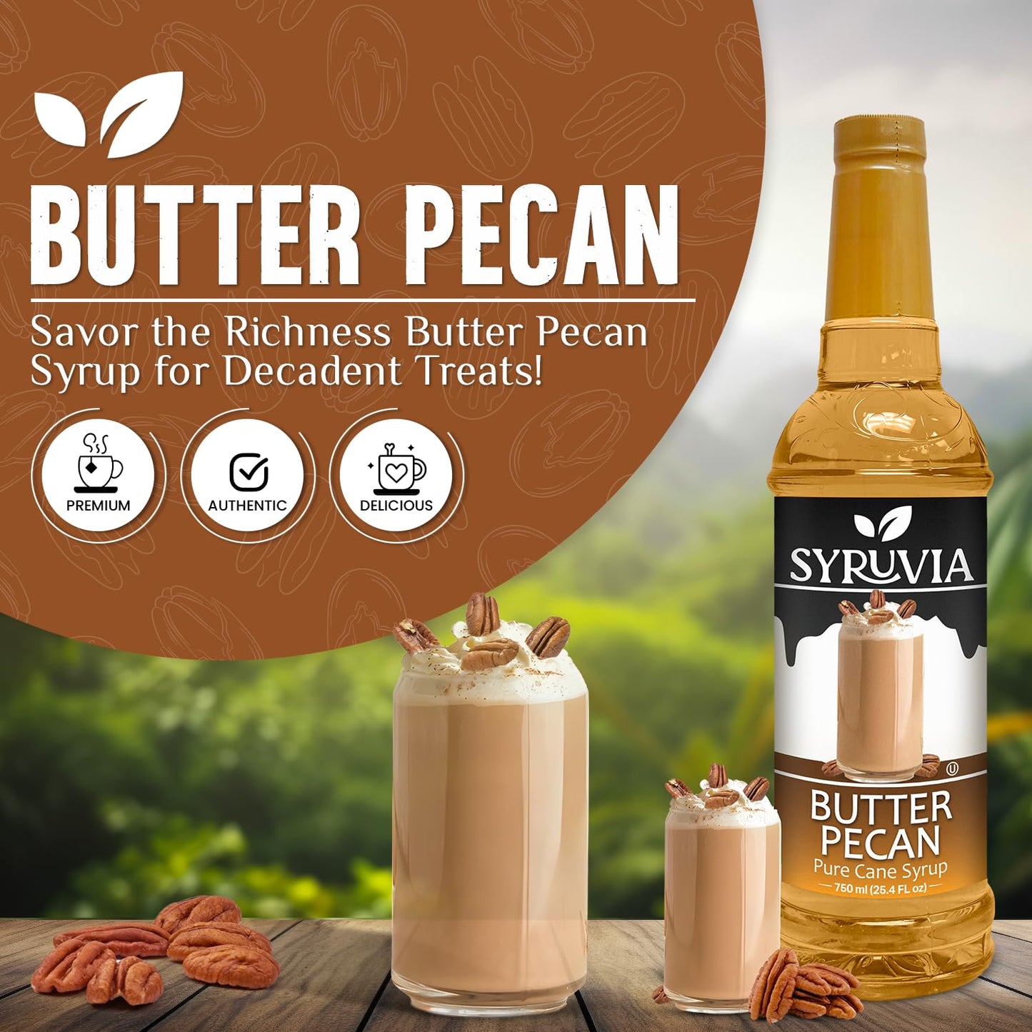 Syruvia Butter Pecan Syrup For Coffee 25.4 Oz. - Kosher & Gluten Free, No Coloring, Perfect for Drinks, Soda, Shakes, Desserts, and More.