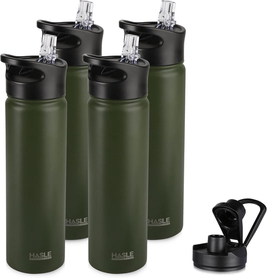 HASLE OUTFITTERS Insulated Water Bottle 22 oz Double Wall Stainless Steel Water Bottle Wide Mouth with Straw Lid & Spout Lid Keeps Cold or Hot(Army Green,4)