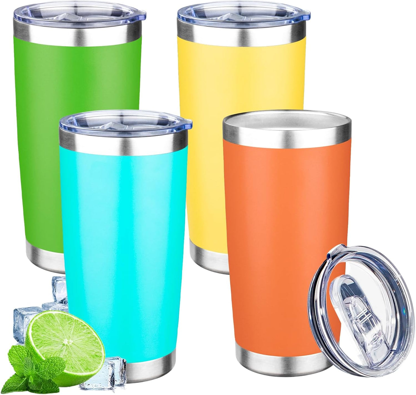 20oz Tumbler with Lid Double Wall Vacuum Insulated Travel Coffee Mug Stainless Steel Thermal Cup Powder Coated Sturdy Coffee Tumbler Bulk for Hot and Cold Beverages (Green-Teal-Orange-Yellow,4)