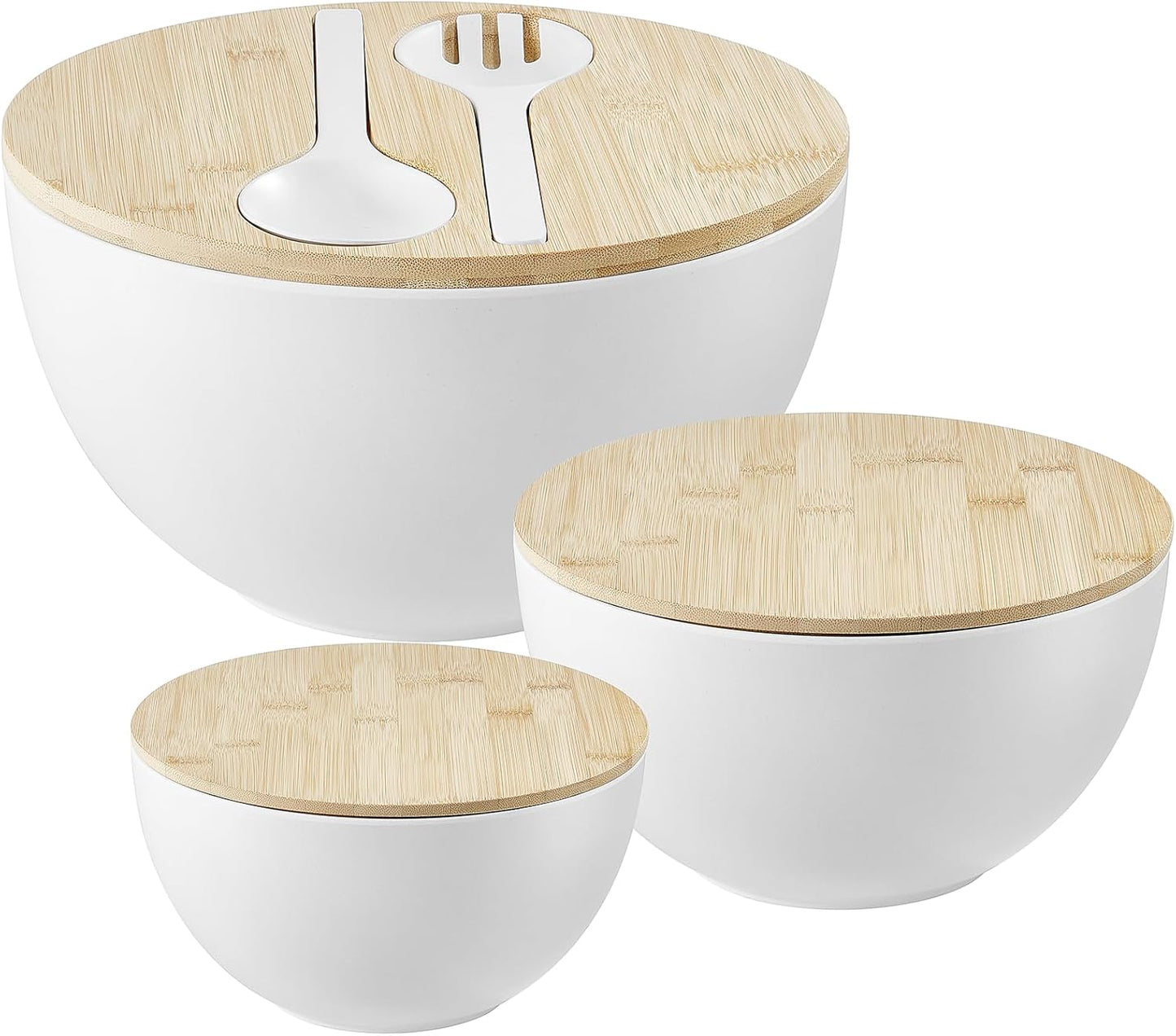 Large Salad Bowls with Bamboo Lids Set of 3, Mixing Nesting Bowls Round Serving Bowls with Servers for Salads, Kitchen Eating, Pastas, Popcorn, Chips, Trifle, Fruit, Food Prepare (White,10",8",6" )