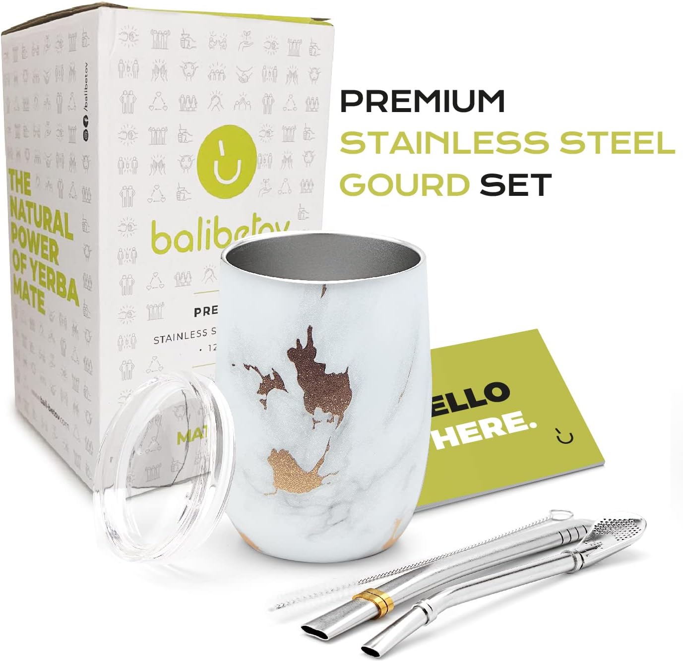 BALIBETOV 5 pcs large Yerba Mate Cup and Bombilla Kit, Includes one 12 oz Yerba Mate Gourd with Lid, Two Bombillas Mate Straw and one cleaning brush | Stainless steel | Double Walled