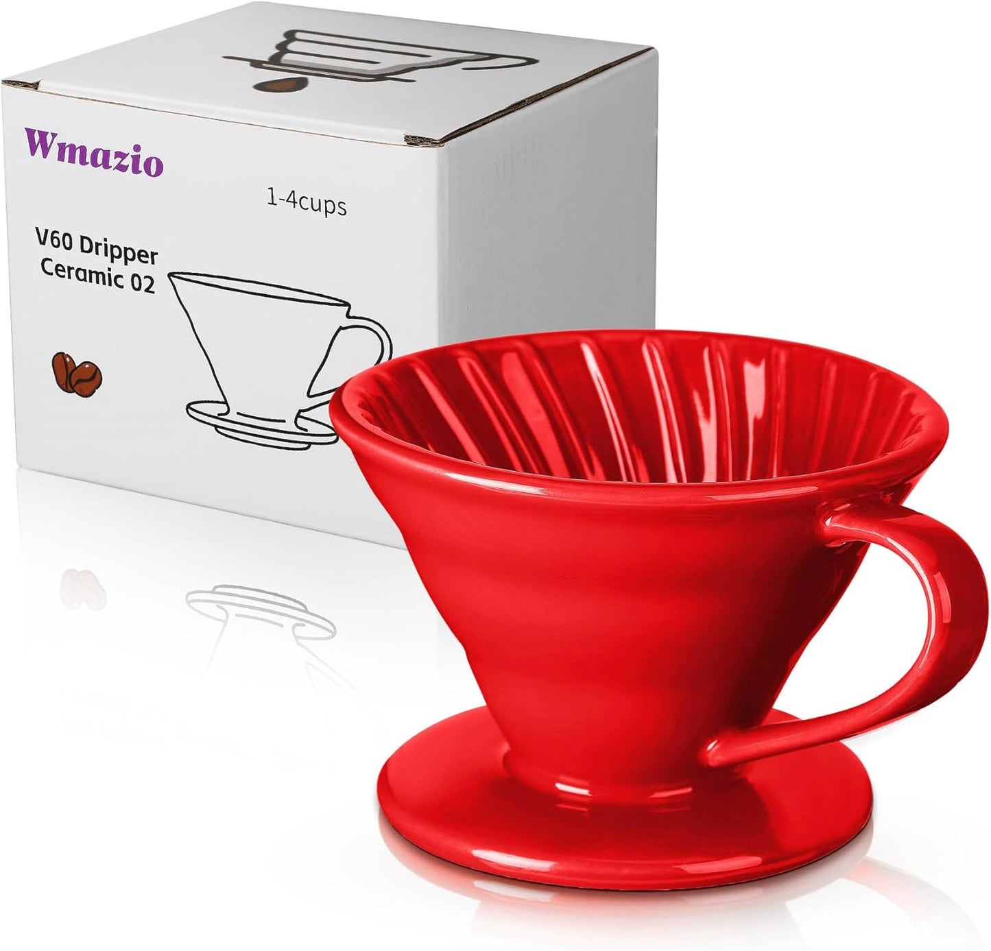 Pour Over Coffee Dripper - Ceramic Pour Over Coffee Maker Cone, Porcelain Coffee Drip, Pour Over Single Cup, Manual Brew Maker for Home, Cafe, Office - 1-4Cup, V60 Size 02 (Red)