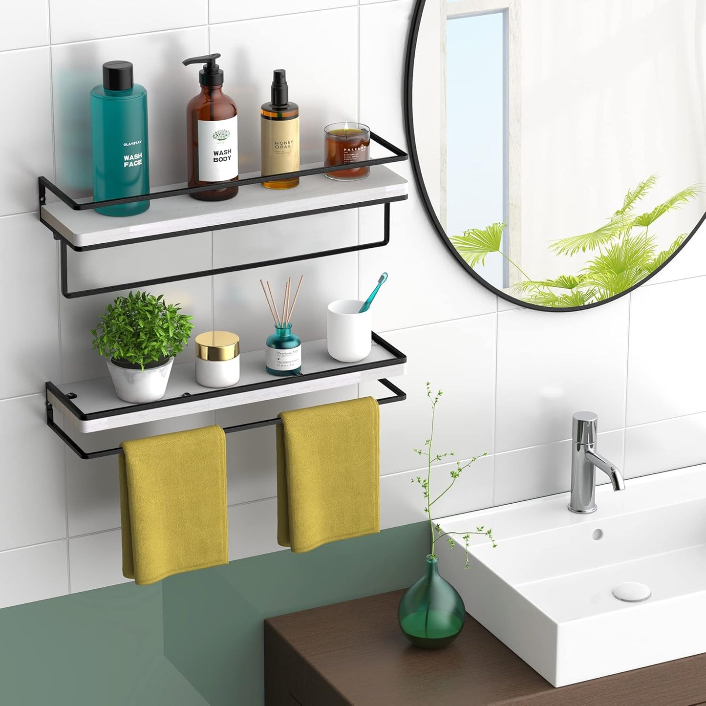 Meangood Floating Shelves Wall Mounted Set of 2, Wall Shelf with Towel Bar Rustic Wood Wall Storage Shelves for Bedroom,Living Room,Bathroom, Kitchen White