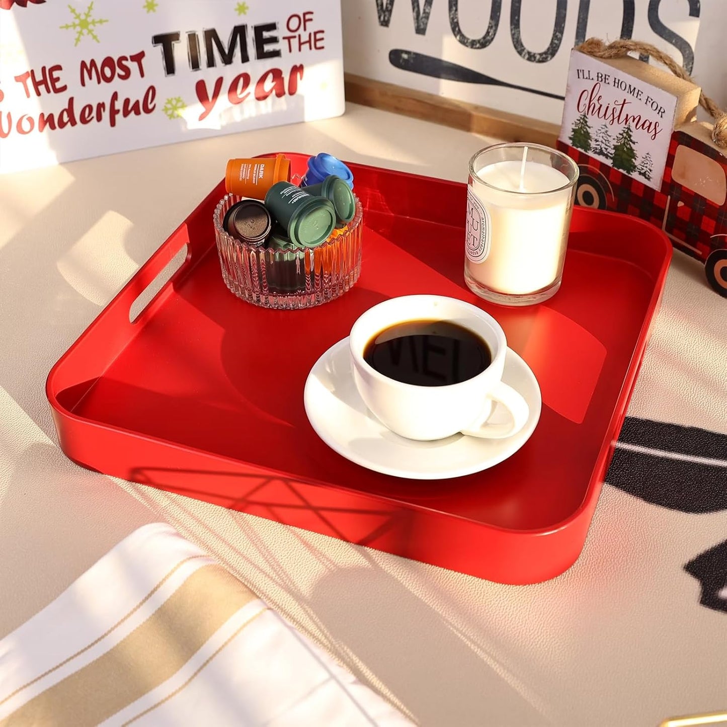 Square Red Decorative Serving Tray with Handles, Versatile Ottoman Tray for Coffee Table, Entertaining, Outdoor Patio, Living Room, 13”*13”*1.6”