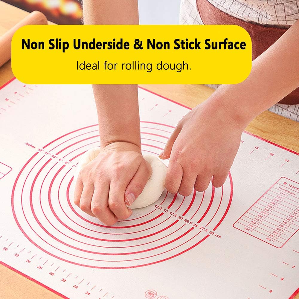 16" x 24" Large Silicone Pastry Mat for Rolling Dough Non Slip,Silicone Baking Mat Non Stick,Cilicone Fondant Mat Pie Cookie Dough Rolling Mat Kneading Cutting Mat with Measurement (Red-L)