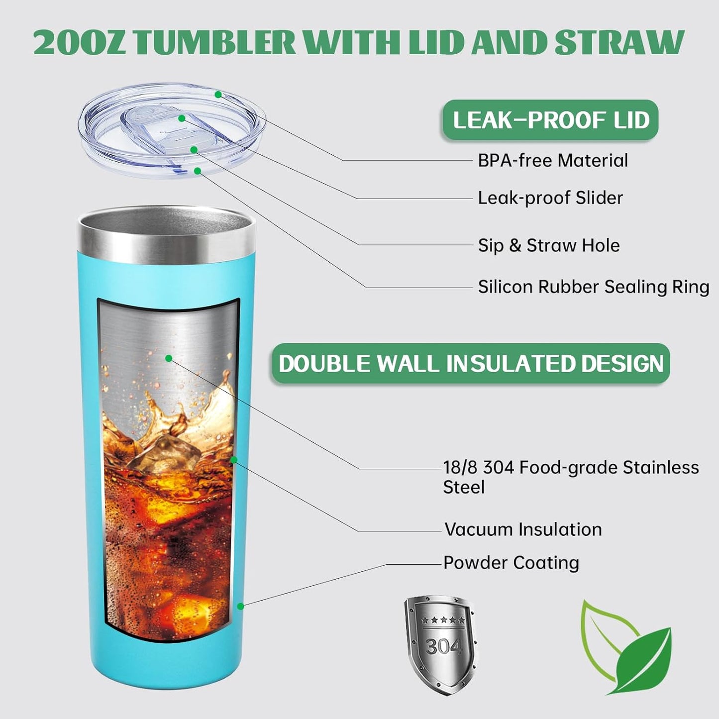 20 oz Skinny Tumbler with Lid and Straw,Stainless Steel Vacuum Insulated Tumbler Cup Double Wall Leak-proof Coffee Mug,Travel Thermal Water Tumbler for Home,Office,Outdoor (Baby blue,1)