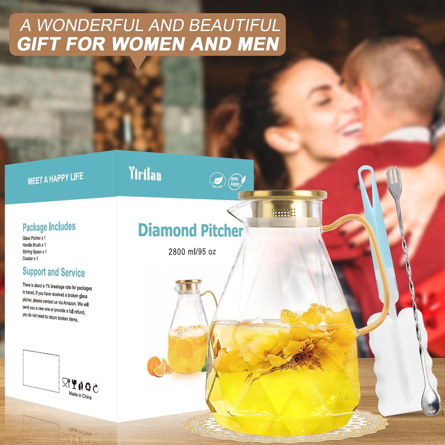 Yirilan 2.8 Liter Glass Pitcher with Lid, Transparent, Thermal Shock Resistant, Microwave Safe, Natural, 2.8L, Round, 6x12 Inches