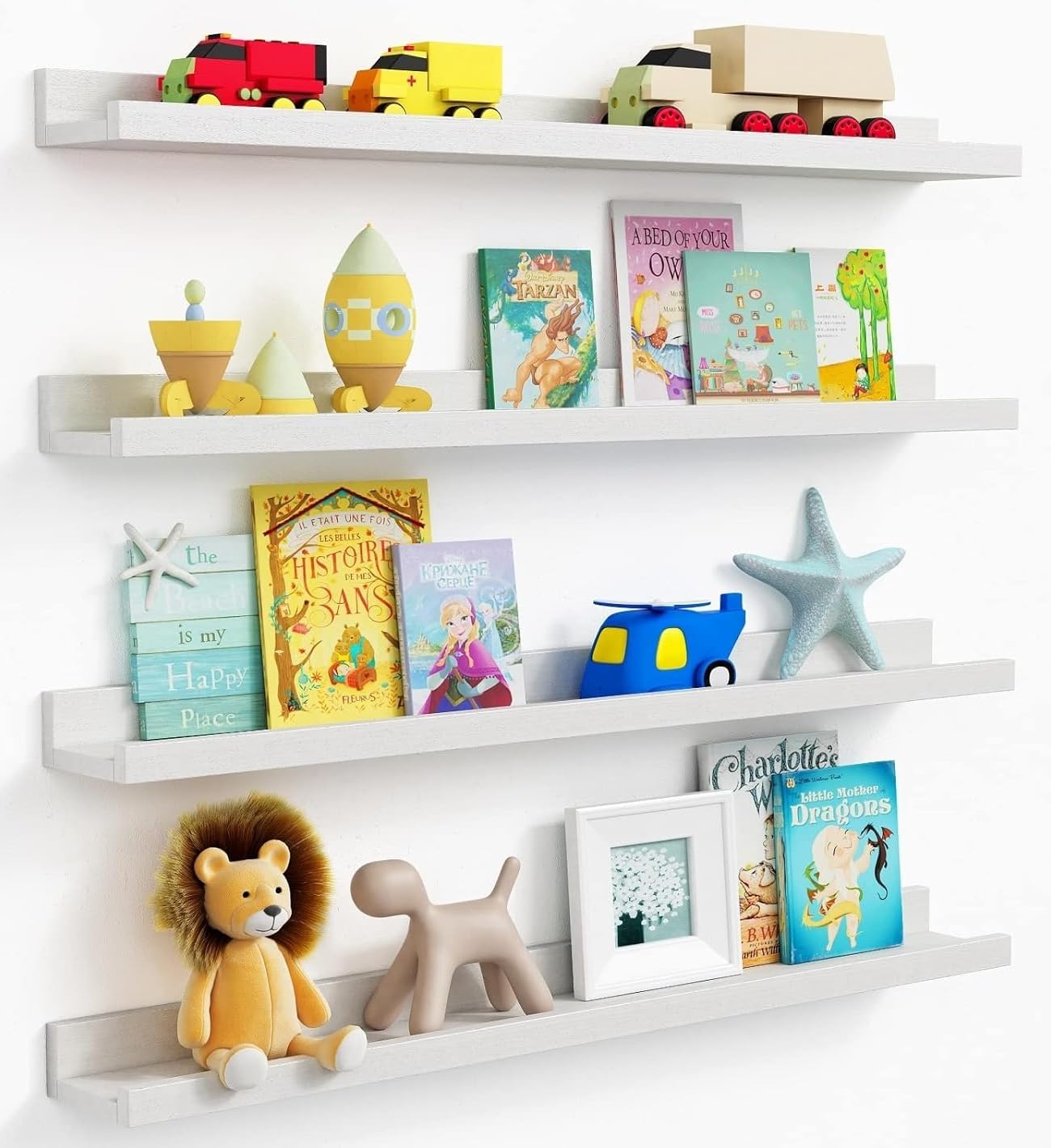 Forbena 36 Inch Floating Shelves for Wall 4-Pack, Large Nursery Book Shelves Bookshelf for Kids Bedroom, Long Picture Ledge Shelf with Lip for Living Room Photo Frames Art Display (White Solid Wood)