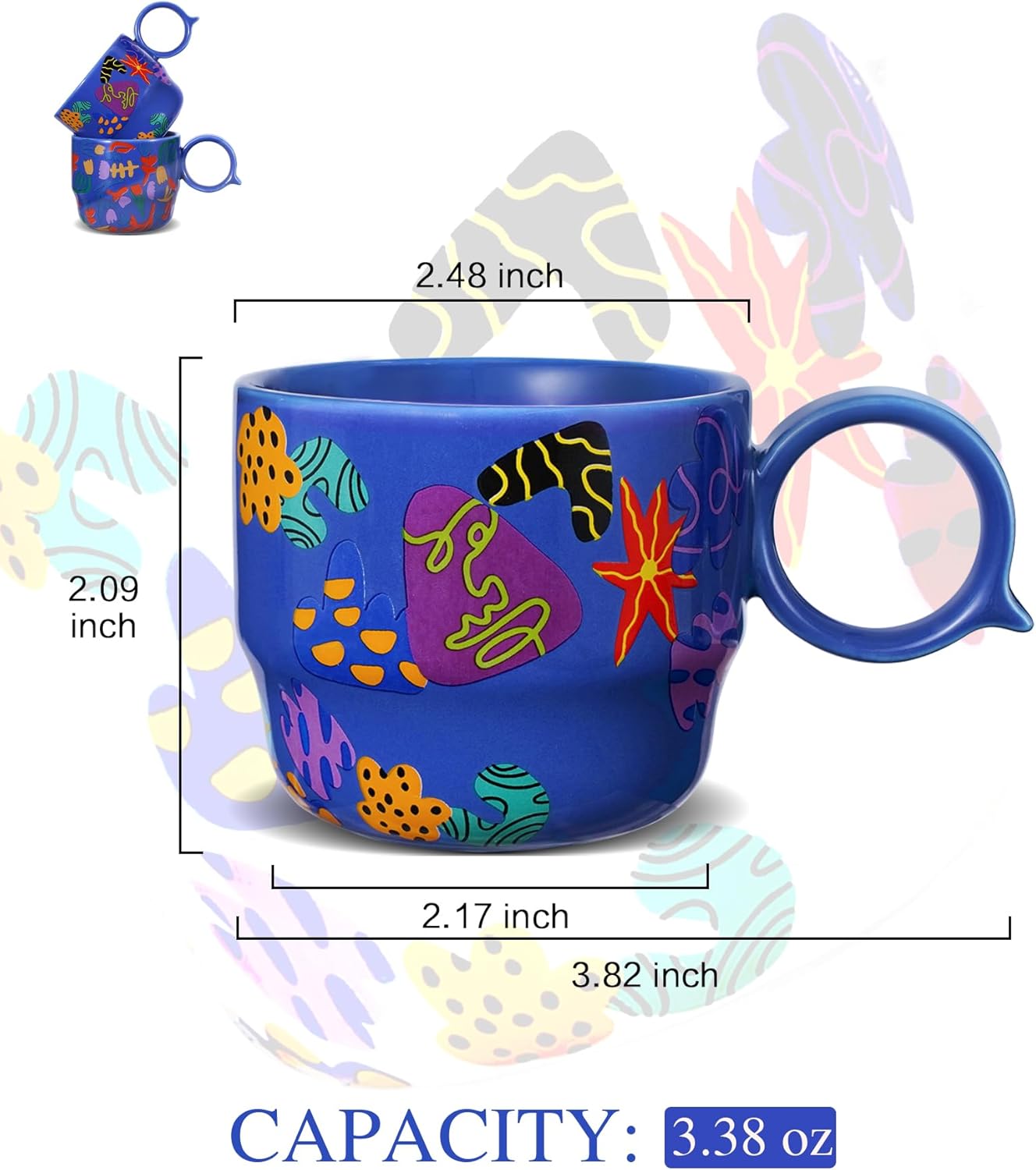 Ceramic Espresso Cups Set of 2 – Mini 3 oz Double Espresso Coffee Cups with Cute Q Handle, Floral and fruit Patterns, Small Blue Demitasse Shot Cups for Coffee Machine