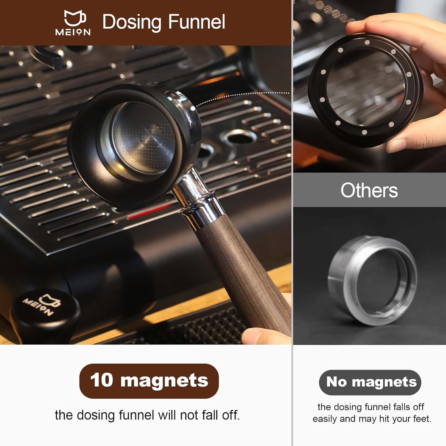 MEION 58mm Dosing Funnel, Magnetic Espresso Dosing Funnel Coffee Funnel Compatible with 58mm Portafilter, Espresso Tools Portafilter Funnel (58mm, Black)
