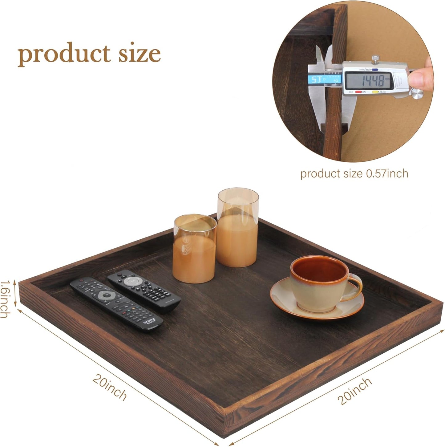 Extra Large Square Ottoman Table Tray 20" - Rustic Wooden Serving Tray for Farmhouse Decorative Oversized Coffee Table Trays Living Room Kitchen Counter Breakfast Brown