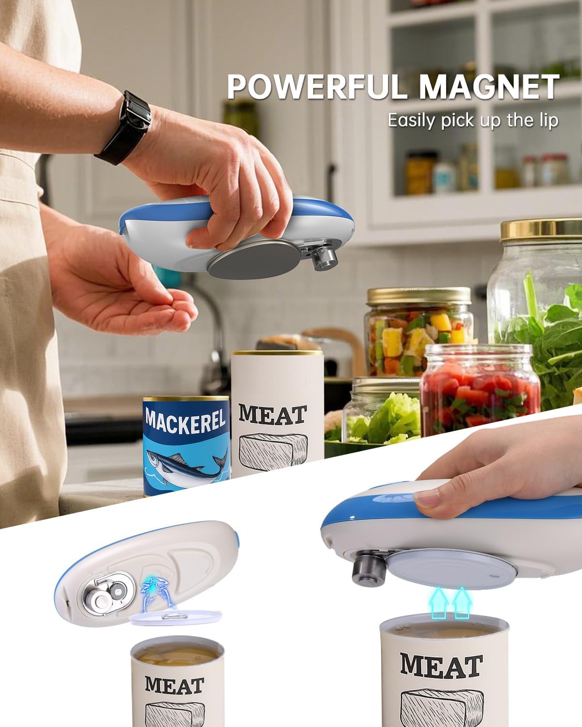 CIRCLE JOY Electric Can Opener, One-Touch Automatic Can Opening with Smooth Edges, Food Safety Handheld Battery-Operated Can Opener for Kitchen and Seniors, Blue