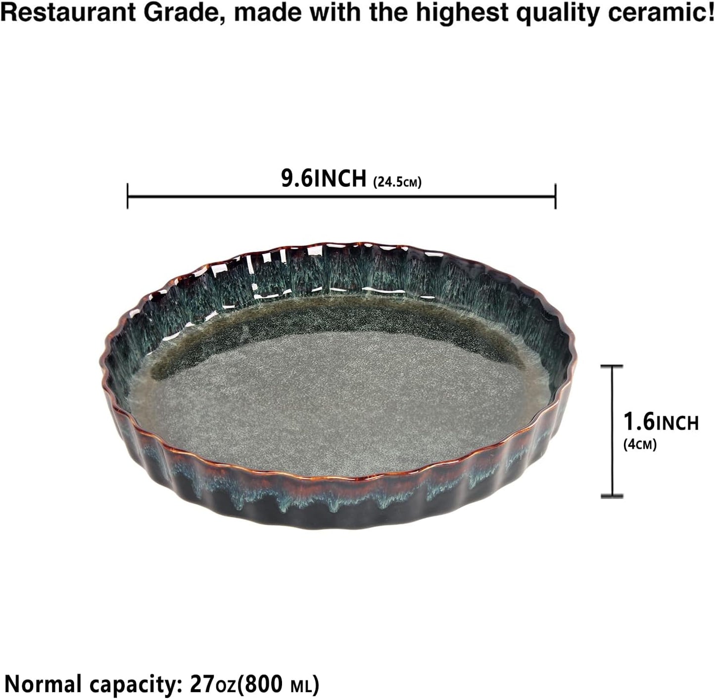 Ceramic Pie Pan Quiche Baking Dish, 9 Inch Round Ruffled Edge Au Gratin Baking Dishes, 27 Ounces Non-Stick Pie Dish, Tart Pan, Pie Plate for Apple, Oven, Dishwasher and Microwave Safe