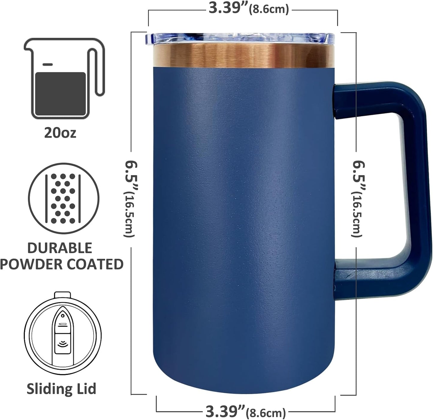 20 oz Insulated Coffee Mug with Lid, Stainless Steel Coffee Tumbler Bulk, Double Wall Vacuum Travel Mug with Handle, Leakproof Powder Coated Coffee Cups for Hot and Cold Drinks (Navy,1 pack)