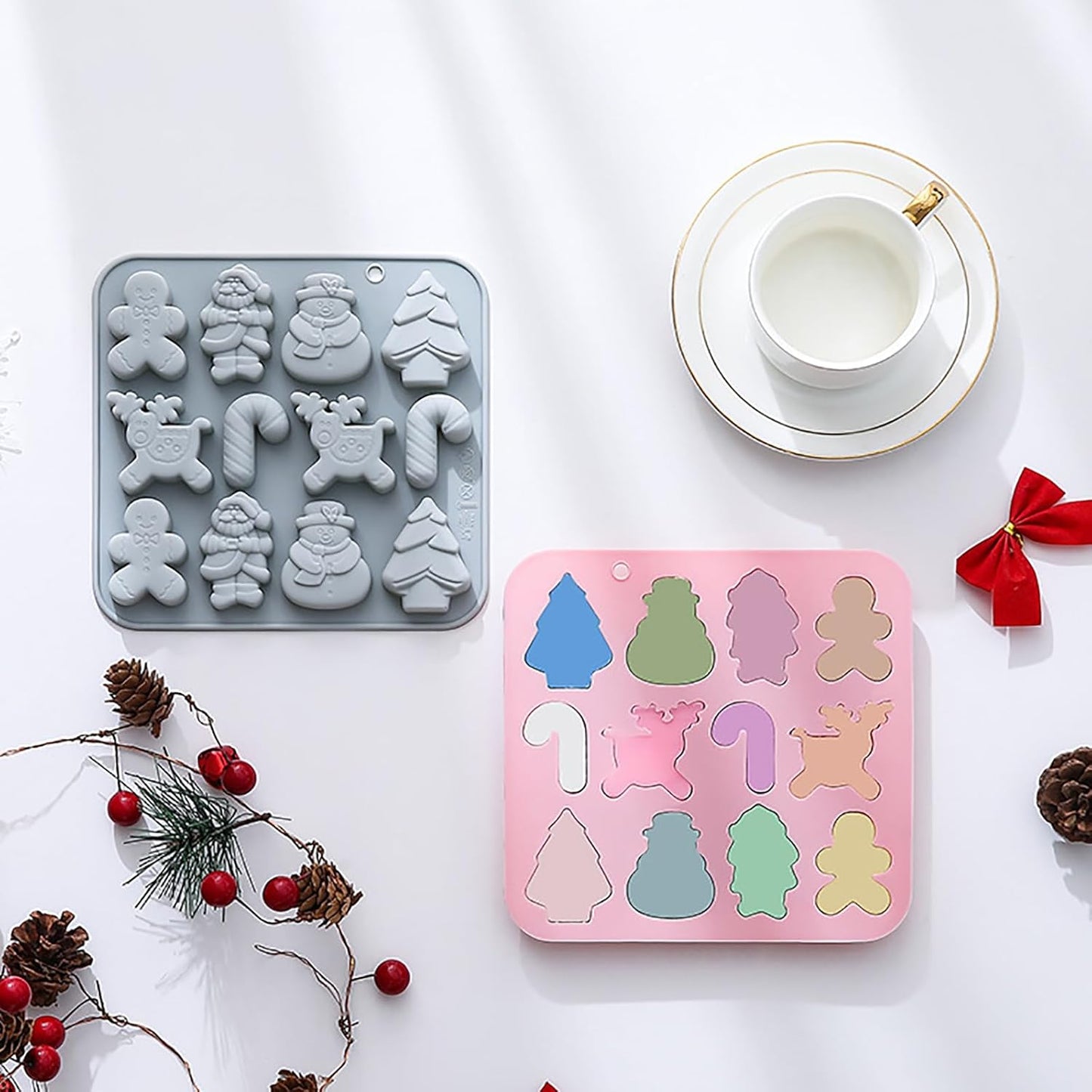 Christmas Silicone Chocolate Molds, 2Pcs Baking Molds Santa Claus Snowman Gingerbread Man Tree Walking Stick Elk 6 Shapes for Jelly Candy Ice Cube Fudge Resin