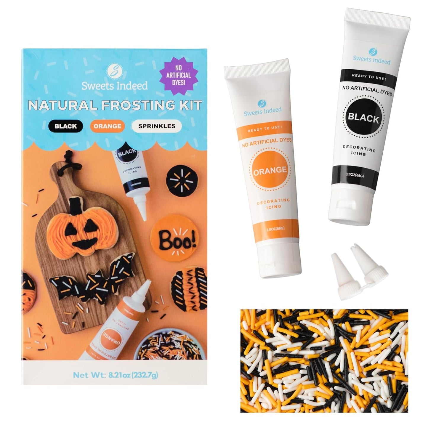 Sweets Indeed Dye-Free Halloween Frosting & Sprinkles Set – 8.22 oz | 2 Frosting Tubes (Orange & Black) + 2 Decorating Tips + 2 oz Sprinkle Mix (Black, Orange & White) | No Artificial Dyes Cupcake & Cookie Decorating Kit