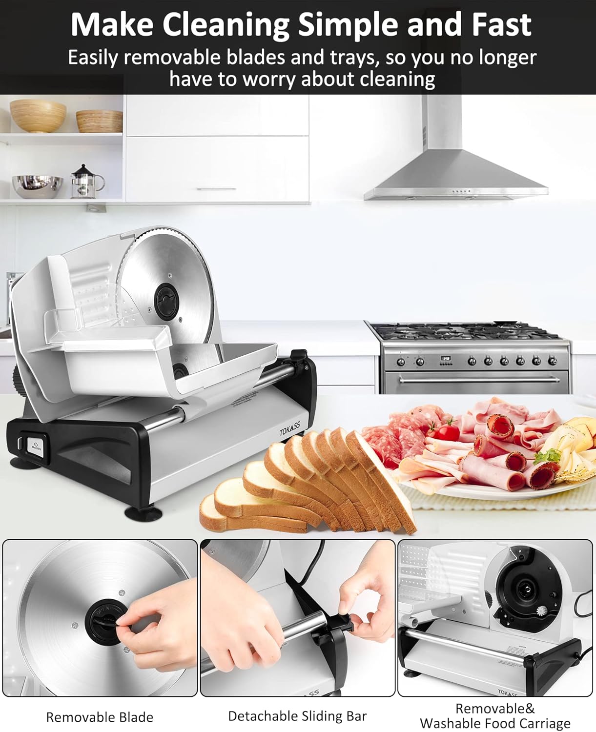 Meat Slicer, 200W Electric Deli Food Slicer with 2 Removable 7.5'' Stainless Steel Blades and Tray, Adjustable Thickness for home use,Child Lock Protection,Easy to Clean,Cuts Meat, Bread and Cheese