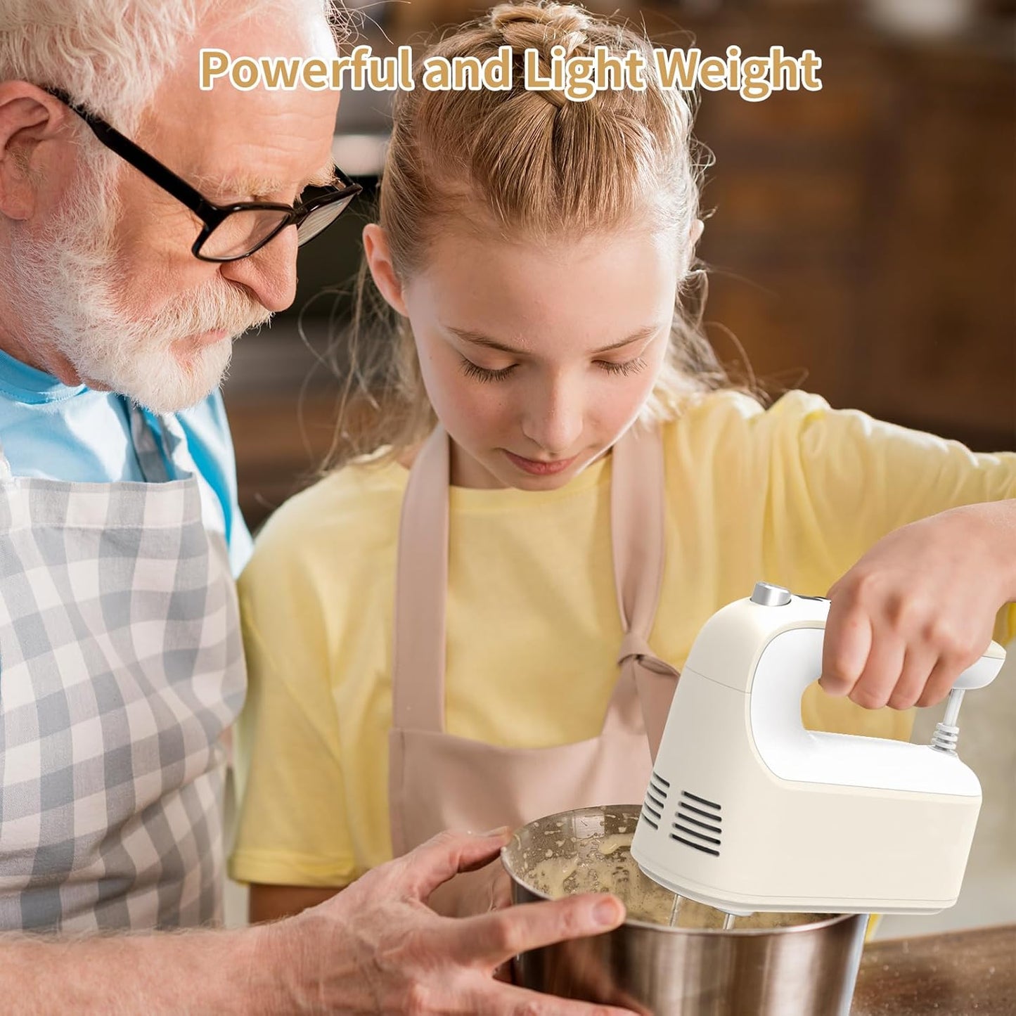 9-Speed Digital Hand Mixer Electric, 400W Powerful DC Motor, Baking Mixer Handheld with Snap-On Storage Case, 5 Stainless Steel Accessories, Flat Beaters, Dough Hooks, Whisk (Cream White)